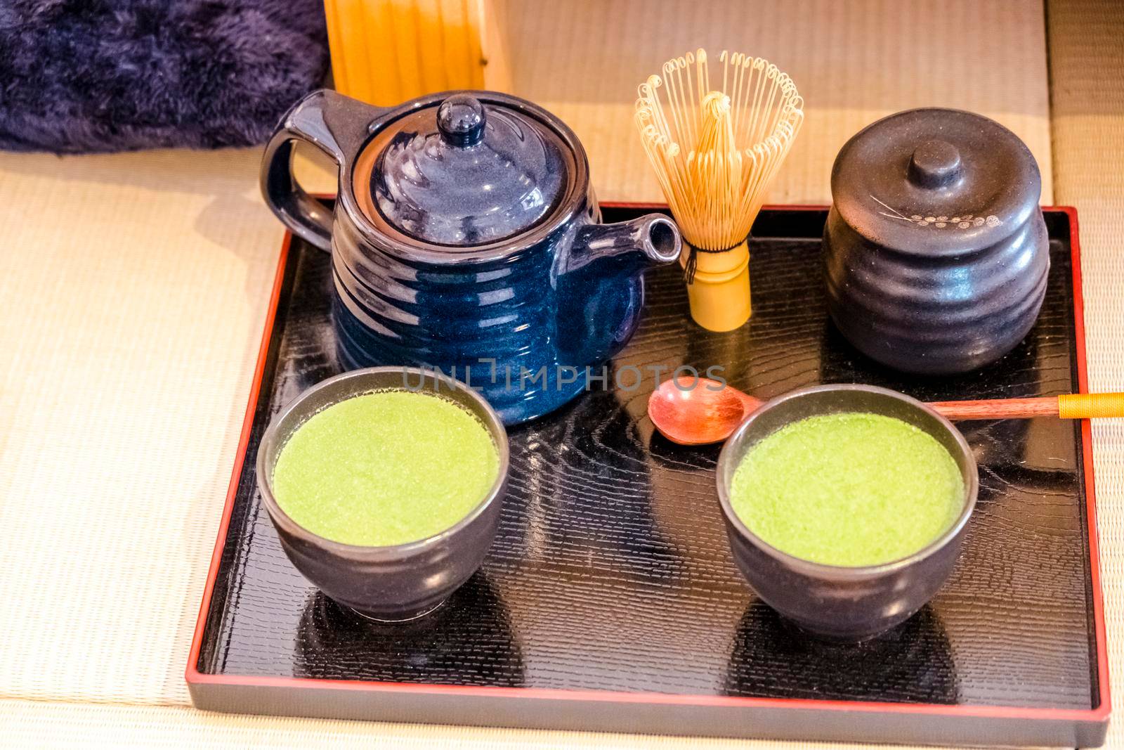 Art of Japanese living green tea Ryokucha traditional ceremony consist of Teapot, Tea cup, tea brush put in
