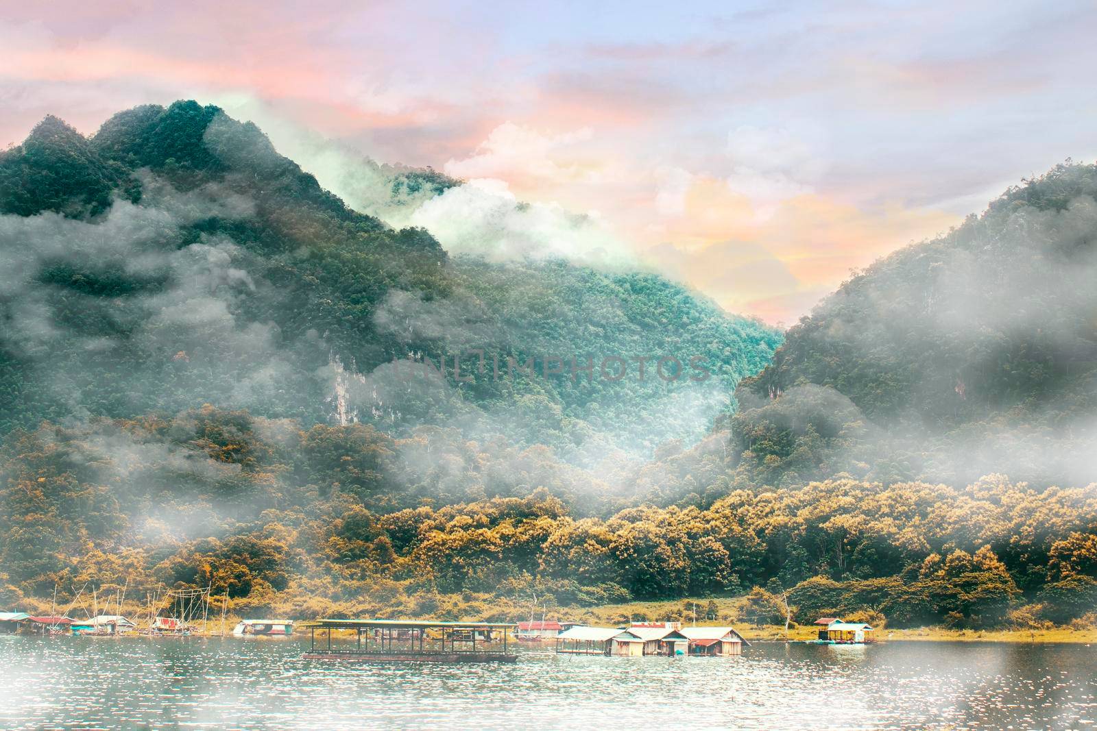 Panorama scenic of Foggy Mountain in Autumn with rafting house on lake. by Petrichor