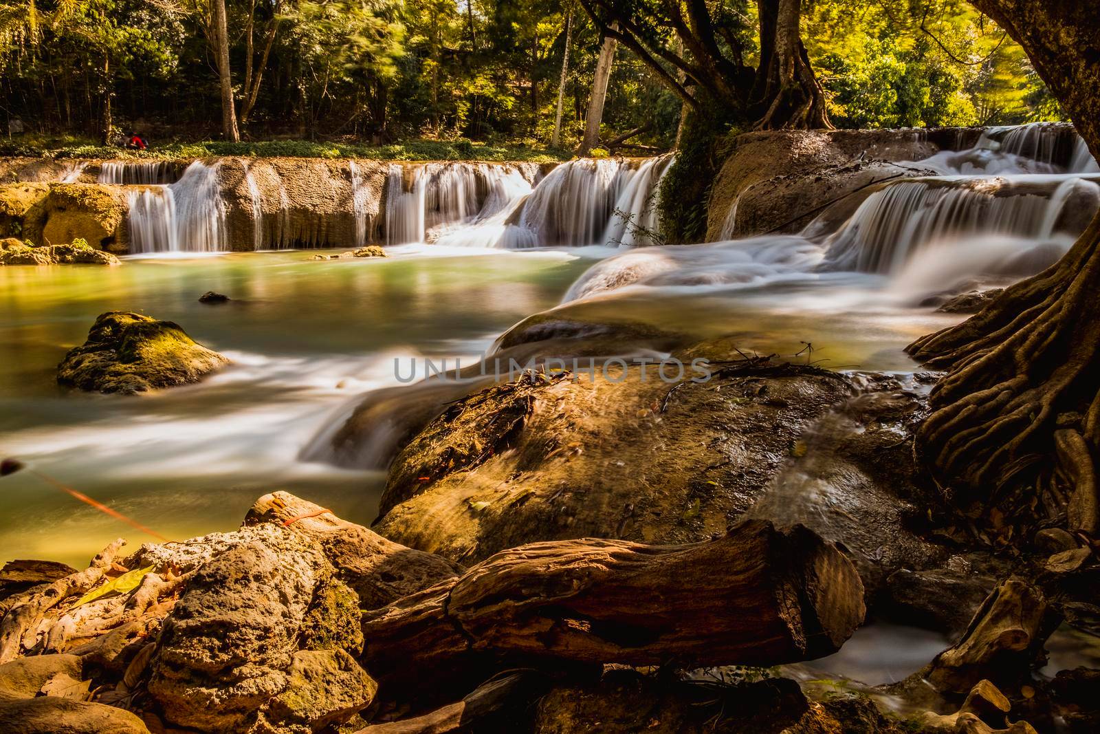 Panoramic exotic  beautiful tropical deep rainforest waterfall  and lake panorama landscape of Huay Mae Khamin waterfall in the national park Beautiful landscape waterfalls in Kanchanaburi Thailand.