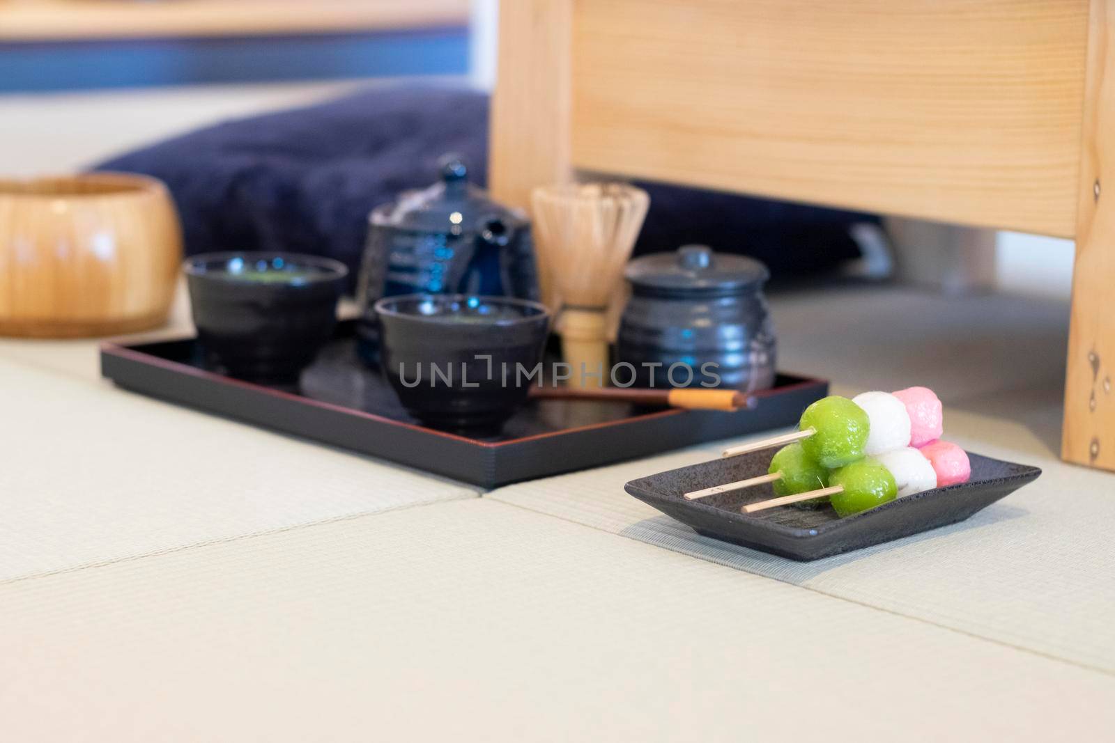 Art of Japanese living green tea Ryokucha traditional ceremony consist of Teapot, Tea cup, tea brush put in