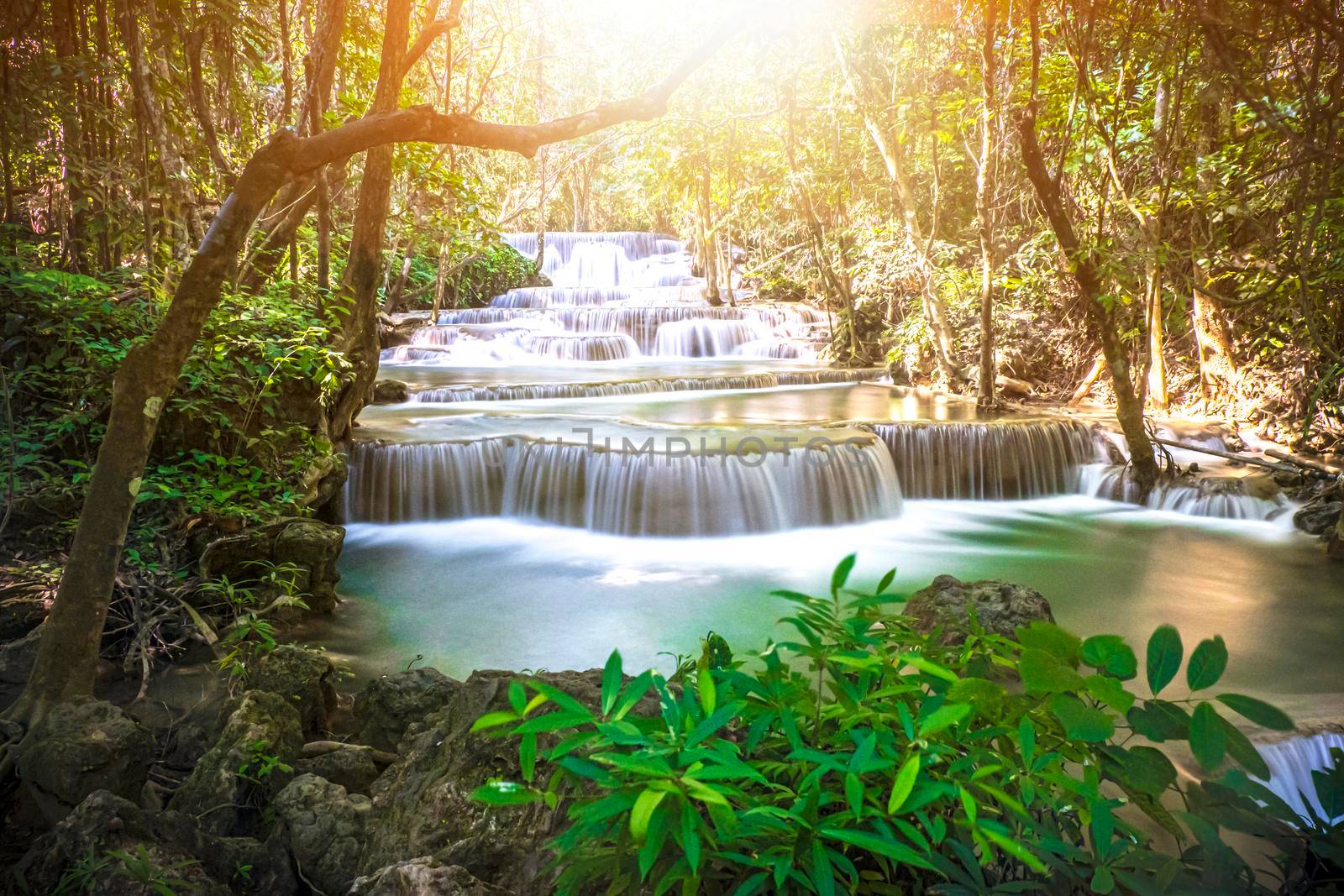 Huay Mae Khamin Waterfall in Srinakarin Dam National Park. Kanchanaburi Thailand. cascade waterfall tropical forest