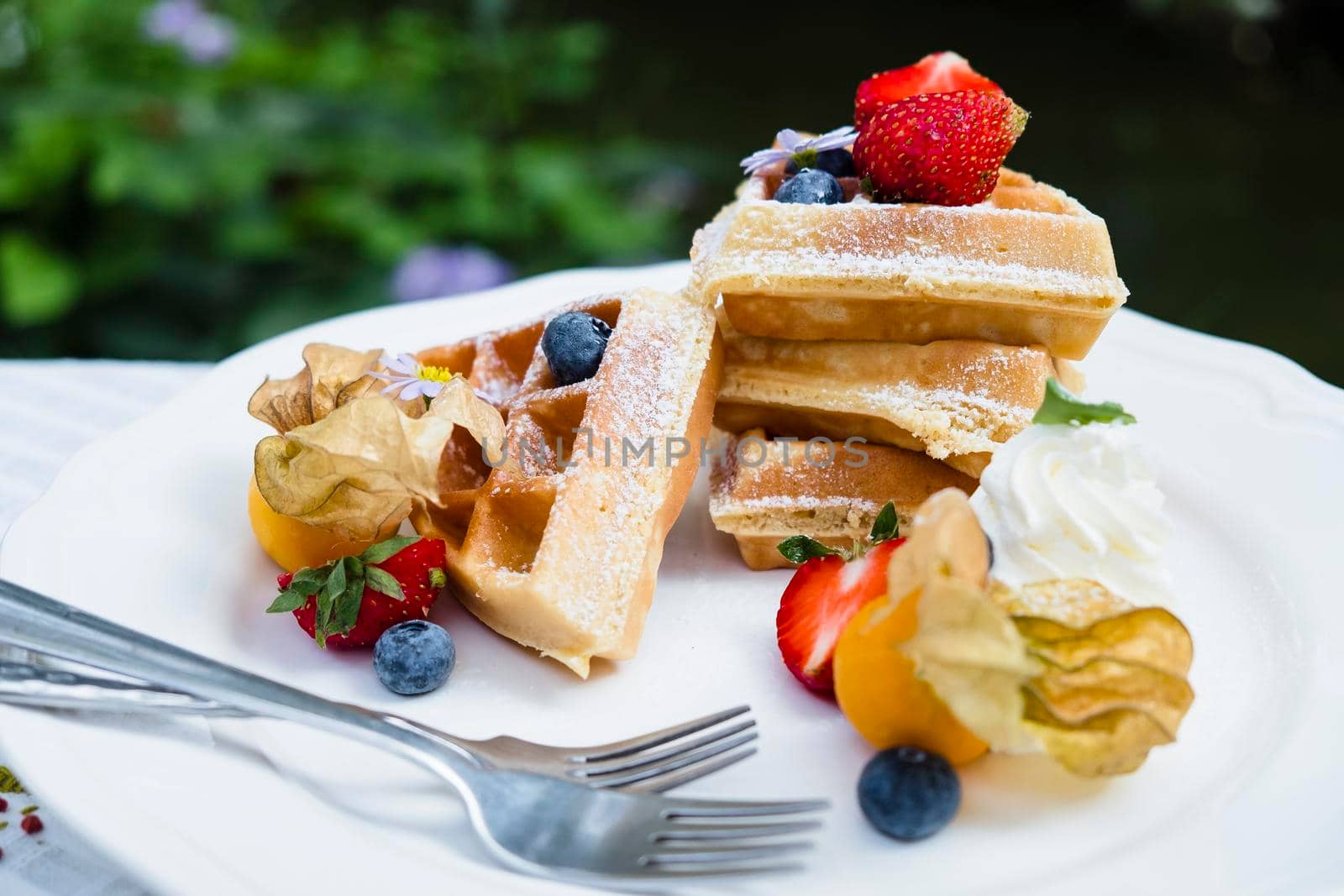 Homemade breakfast  Strawberry and tropical fruits  Waffles with  chocolate syrup