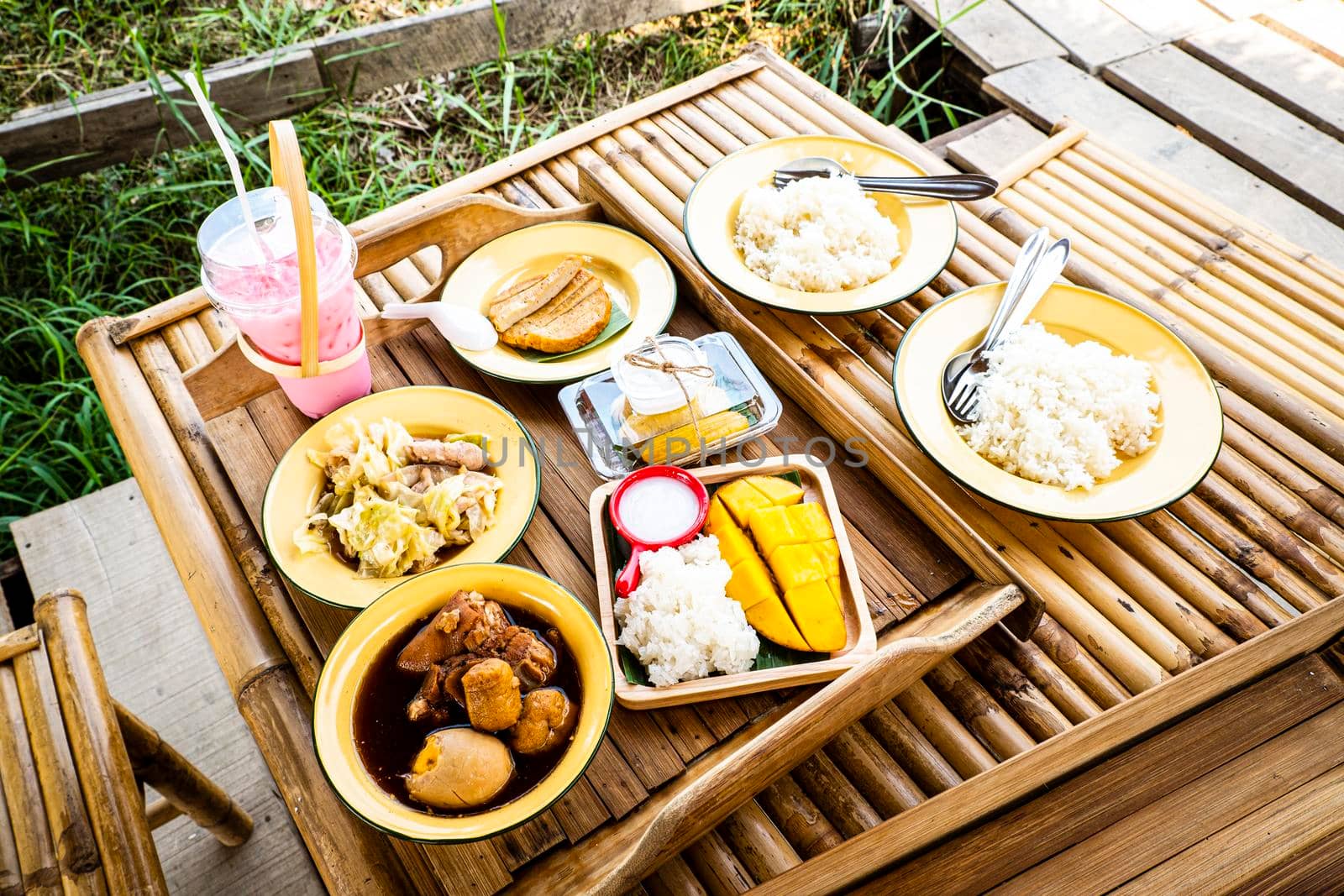 Thai lunch local food object still life. Kai Pa low  Boiled egg and pork  in sweet brown soup