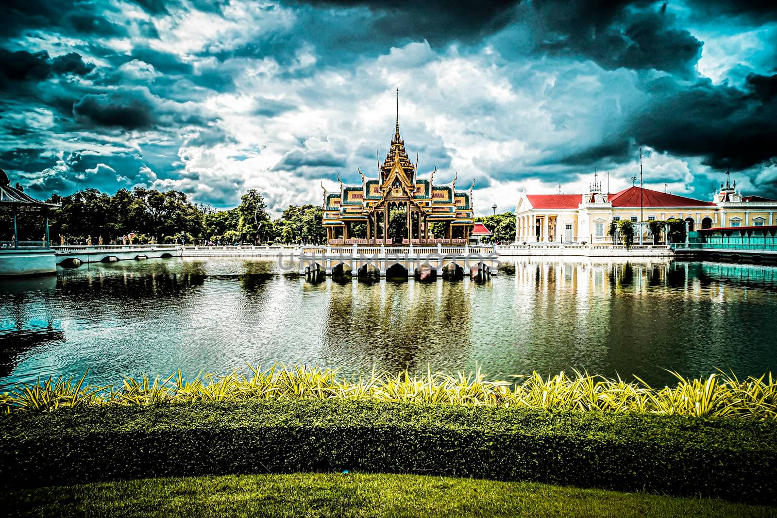 Aisawan-Dhipaya-Asana Pavilion historical building landmark travel architecture in Ayutthaya Thailand.
