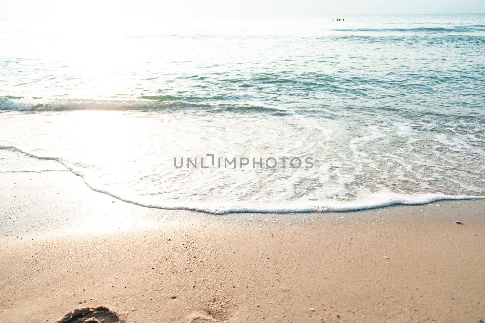 Close Up Wave Sand Beach Sea Foam.  Closeup of sea wave with foam on beach sand. Vacation Summer background