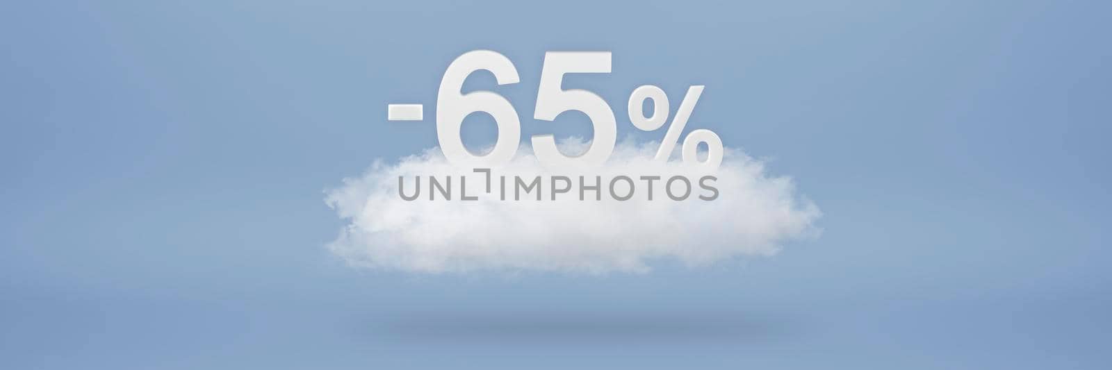 Discount 65 percent. Big discounts, sale up to sixty five percent. 3D numbers float on a cloud on a blue background. Copy space. Advertising banner and poster to be inserted into the project by SERSOL