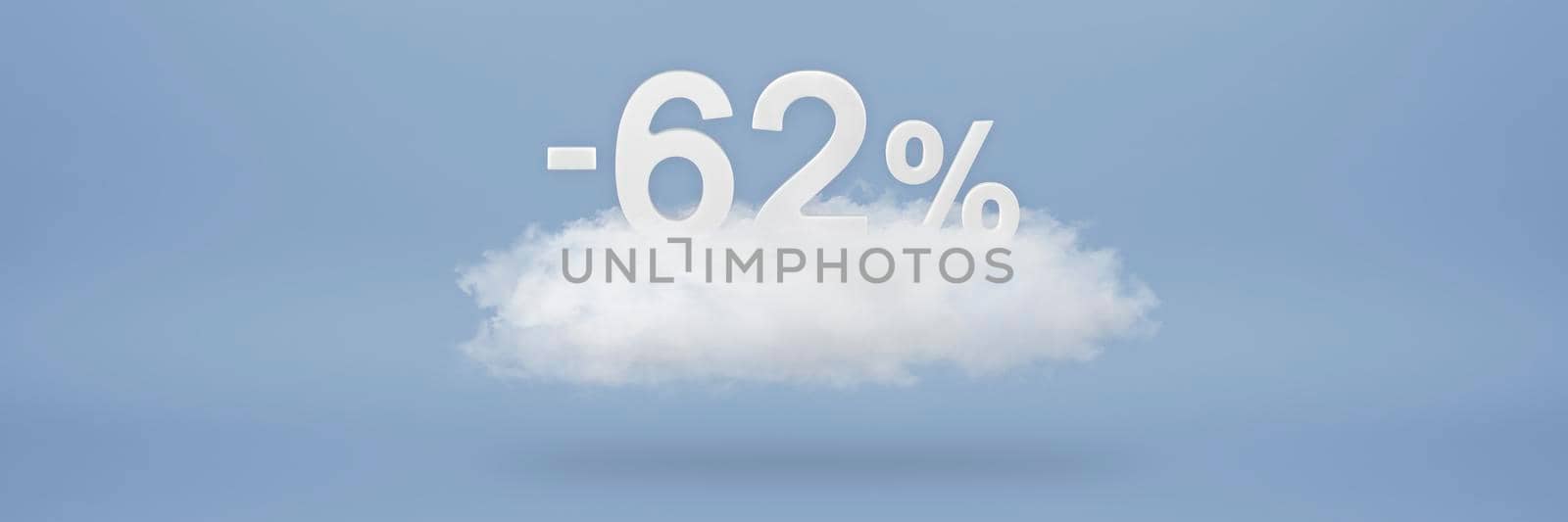 Discount 62 percent. Big discounts, sale up to sixty two percent. 3D numbers float on a cloud on a blue background. Copy space. Advertising banner and poster to be inserted into the project by SERSOL