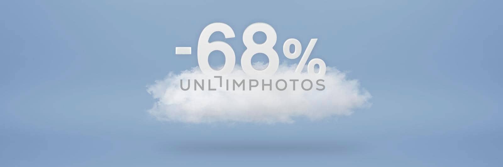 Discount 68 percent. Big discounts, sale up to sixty eight percent. 3D numbers float on a cloud on a blue background. Copy space. Advertising banner and poster to be inserted into the project by SERSOL