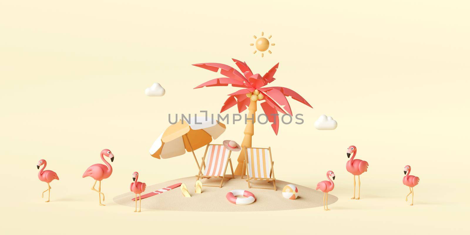 Summer vacation concept, Famingo and beach accessories under palm tree on the beach, 3d illustration by nutzchotwarut