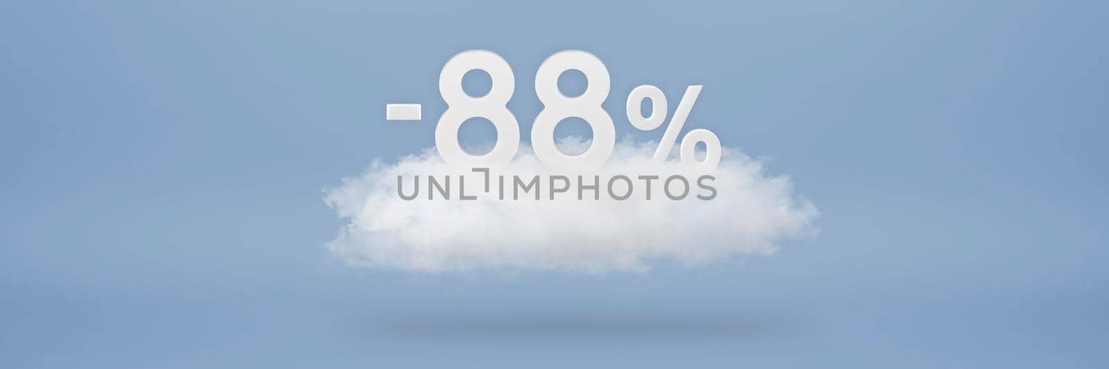 Discount 88 percent. Big discounts, sale up to eighty eight percent. 3D numbers float on a cloud on a blue background. Copy space. Advertising banner and poster to be inserted into the project by SERSOL