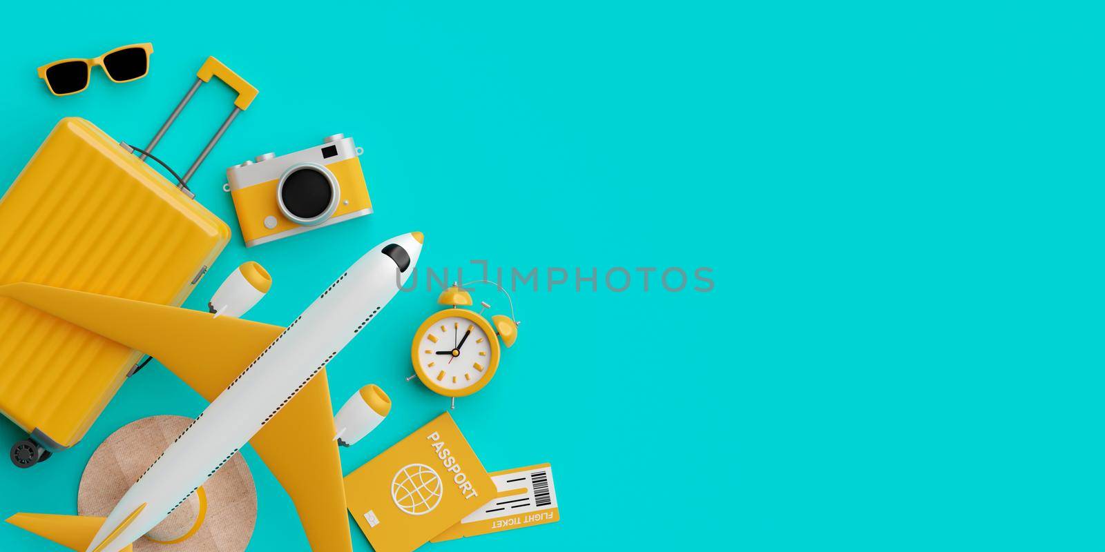 Top view banner of travel accessories for vacation with airplane, suitcase, passport, camera, 3d illustration