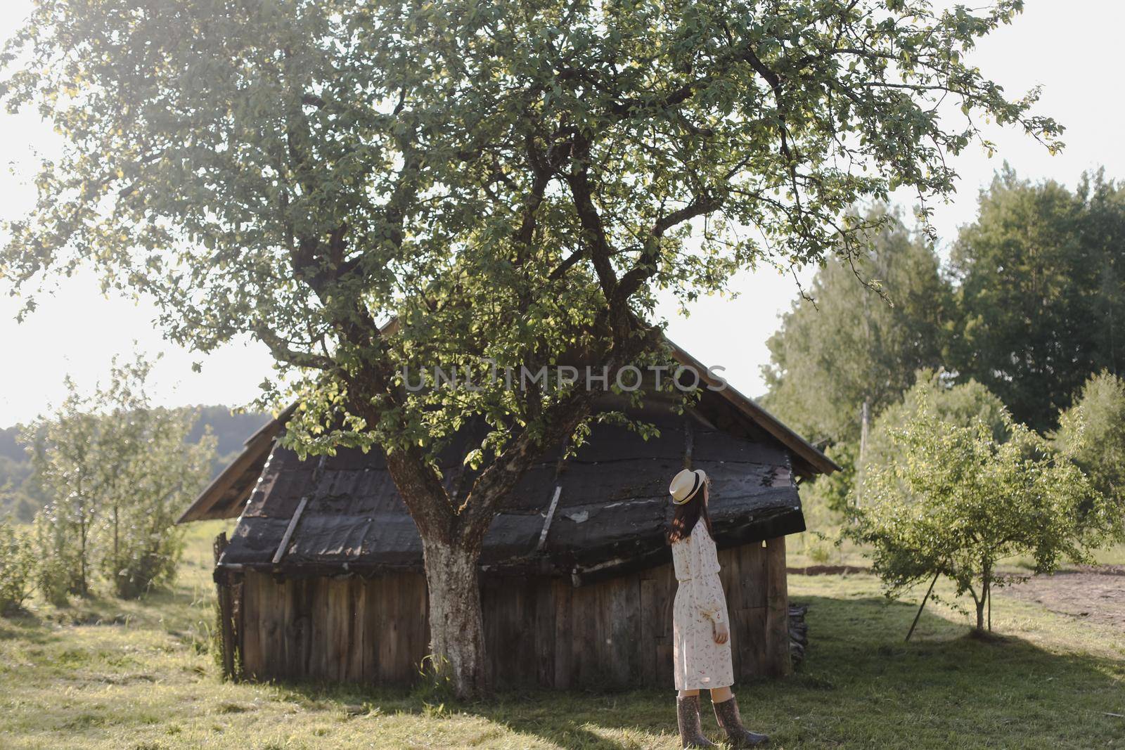 romantic portrait of a young woman in straw hat and beautiful dress in the countryside in summer.