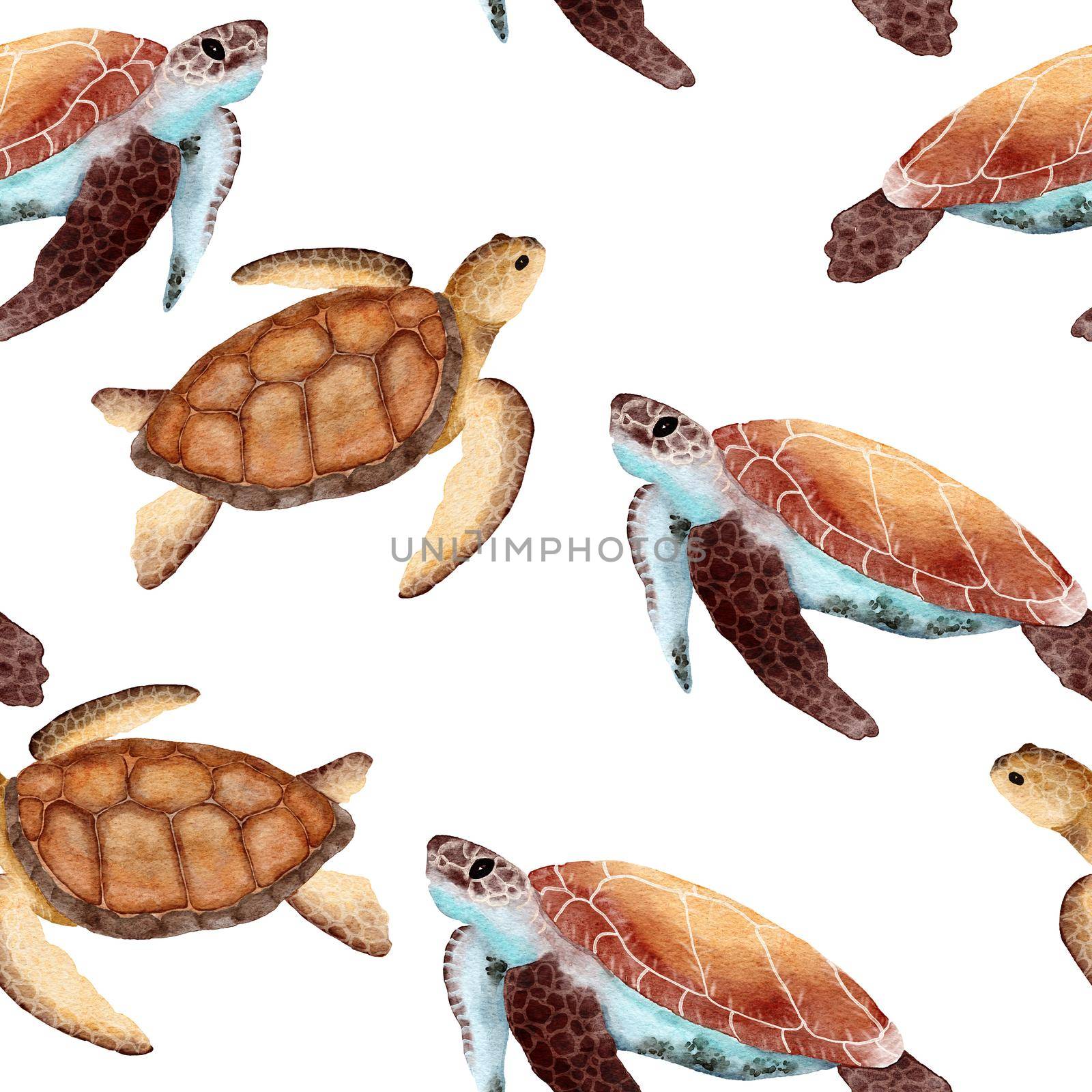 Hand drawn watercolor seamless pattern with turtle tortoise. Sea ocean marine animal, nautical underwater endangered mammal species. Blue gray illustration for fabric nursery decor, under the sea prints