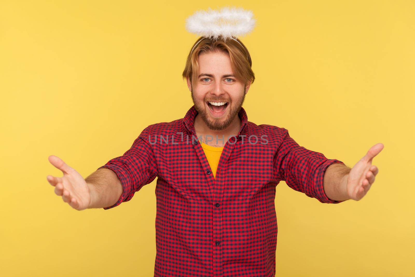 Portrait of emotional hipster man on yellow background. by Khosro1