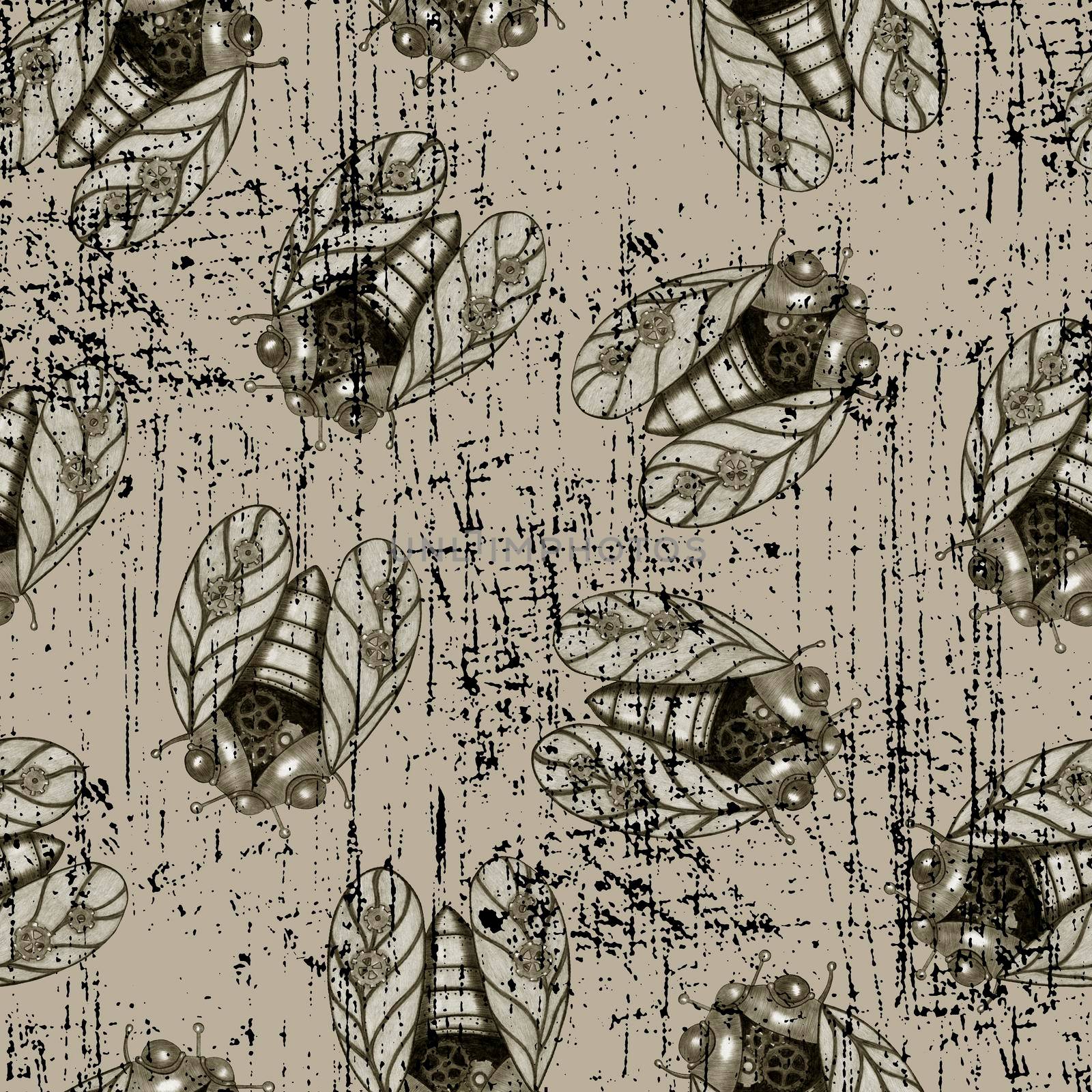 Hand-Drawn Seamless Pattern of Black and White Colored Steampunk Cicada on Sepia Backdrop. Retro Seamless Pattern with Cicada.