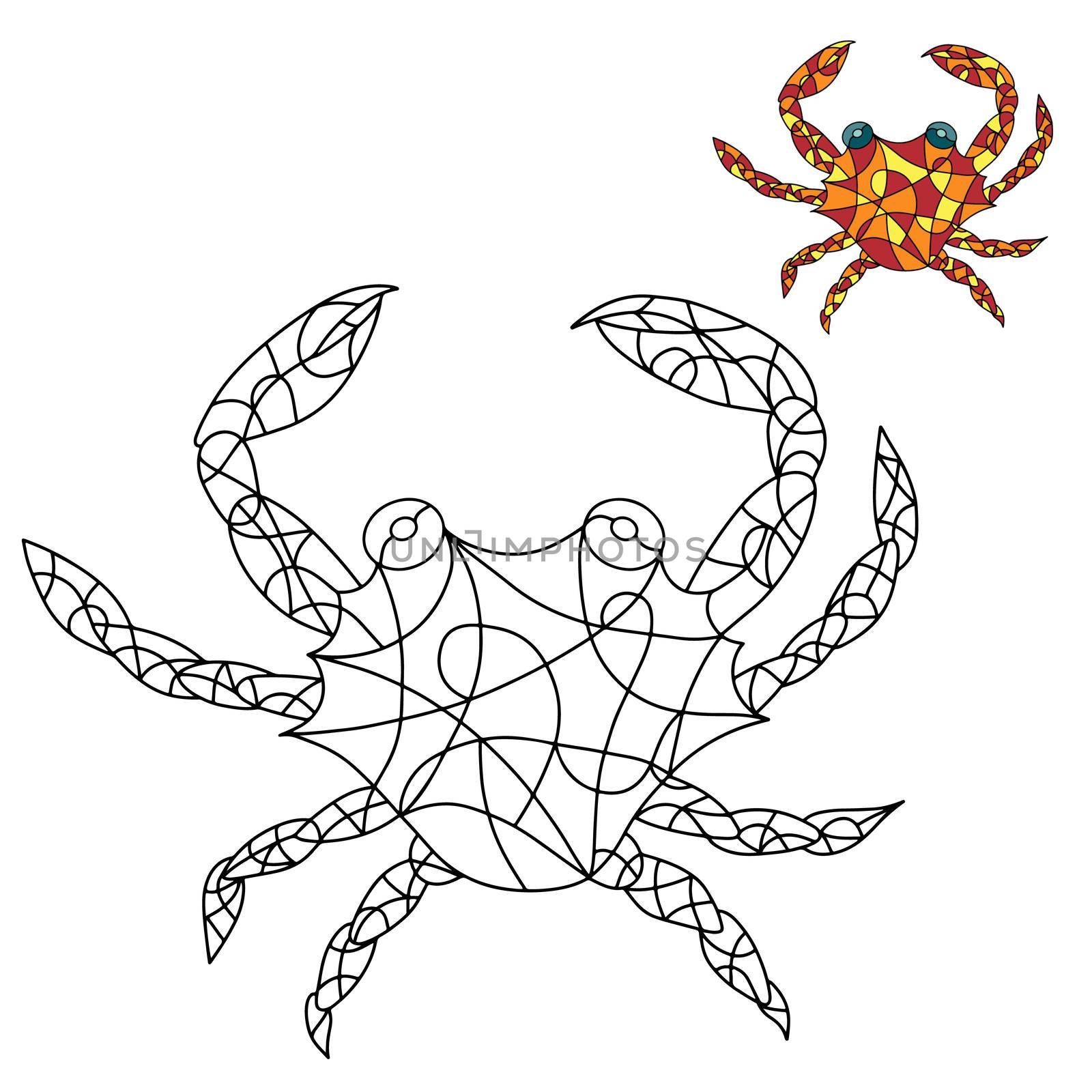 Black and White and Colored Illustration in stained glass style with abstract Crab. Image for Coloring Book, Coloring Page, Print, Batik and Window.