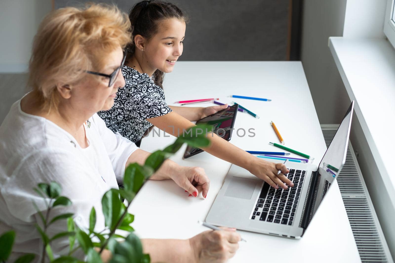 Grandmother and granddaughter using tablet and laptop