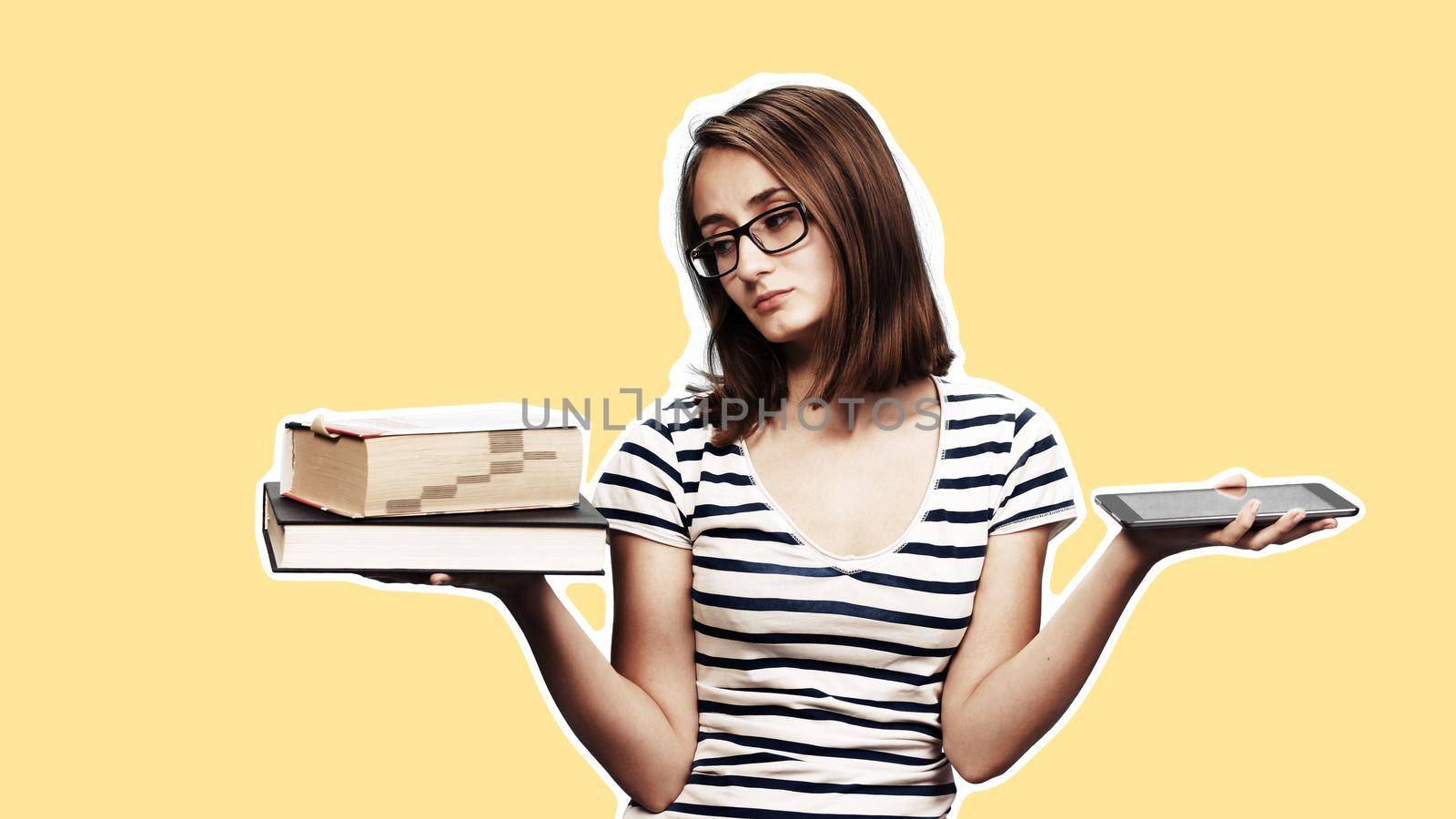 Contemporary education concept. Book vs e-book. Girl student holding traditional textbook and ebook reader on background with copy space. Magazine style collage