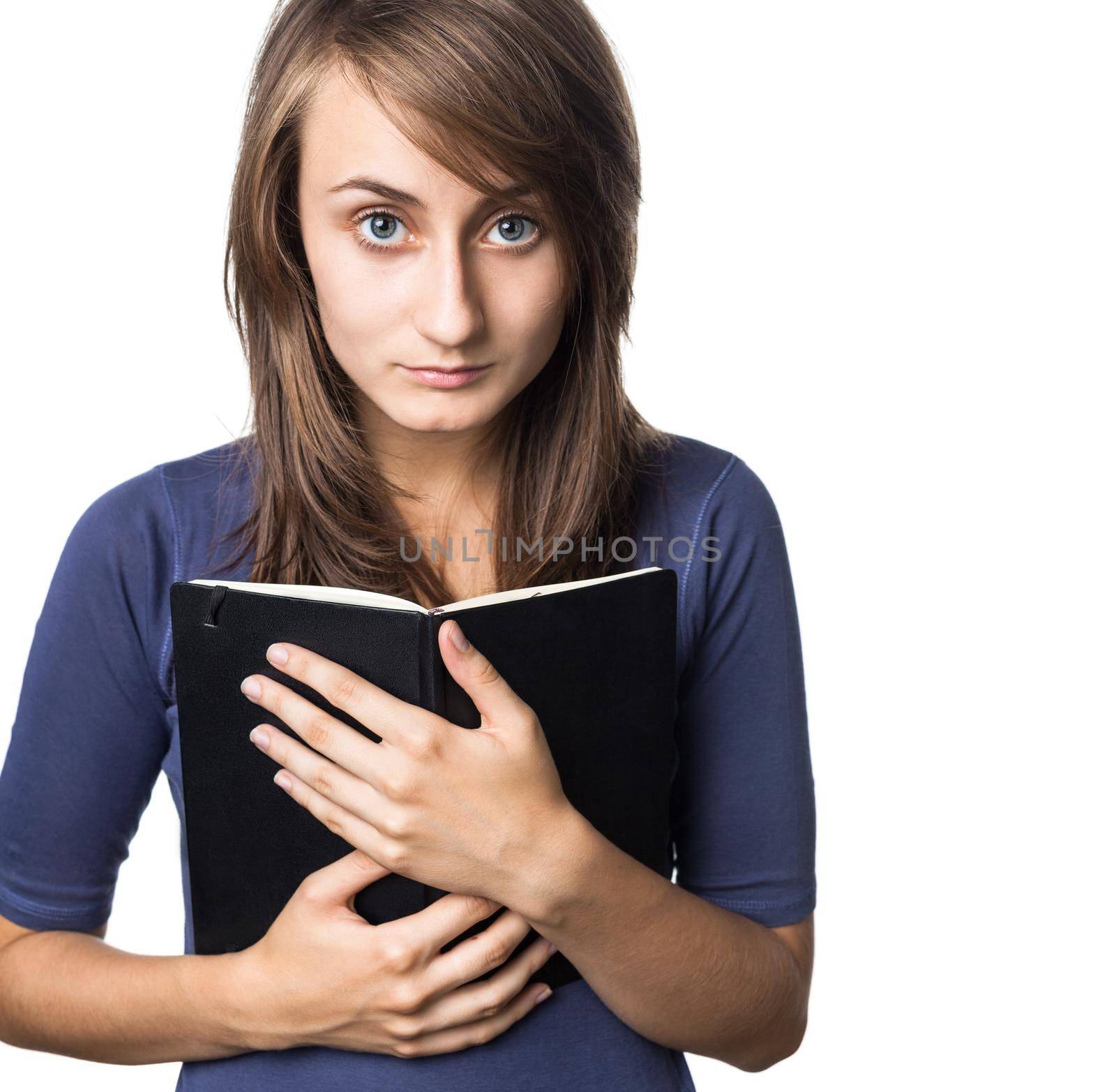 Education concept. Female student hold a notebook isolated on a white background