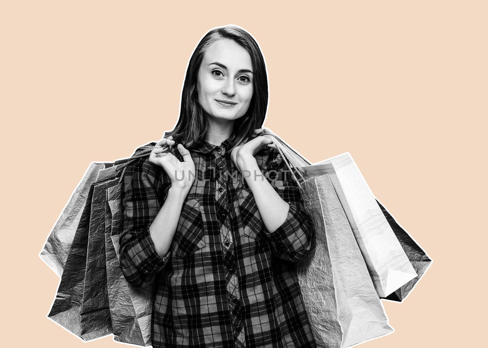 Сommerce and shopping season. Happy young woman with shoping bags. Magazine style collage with copy space