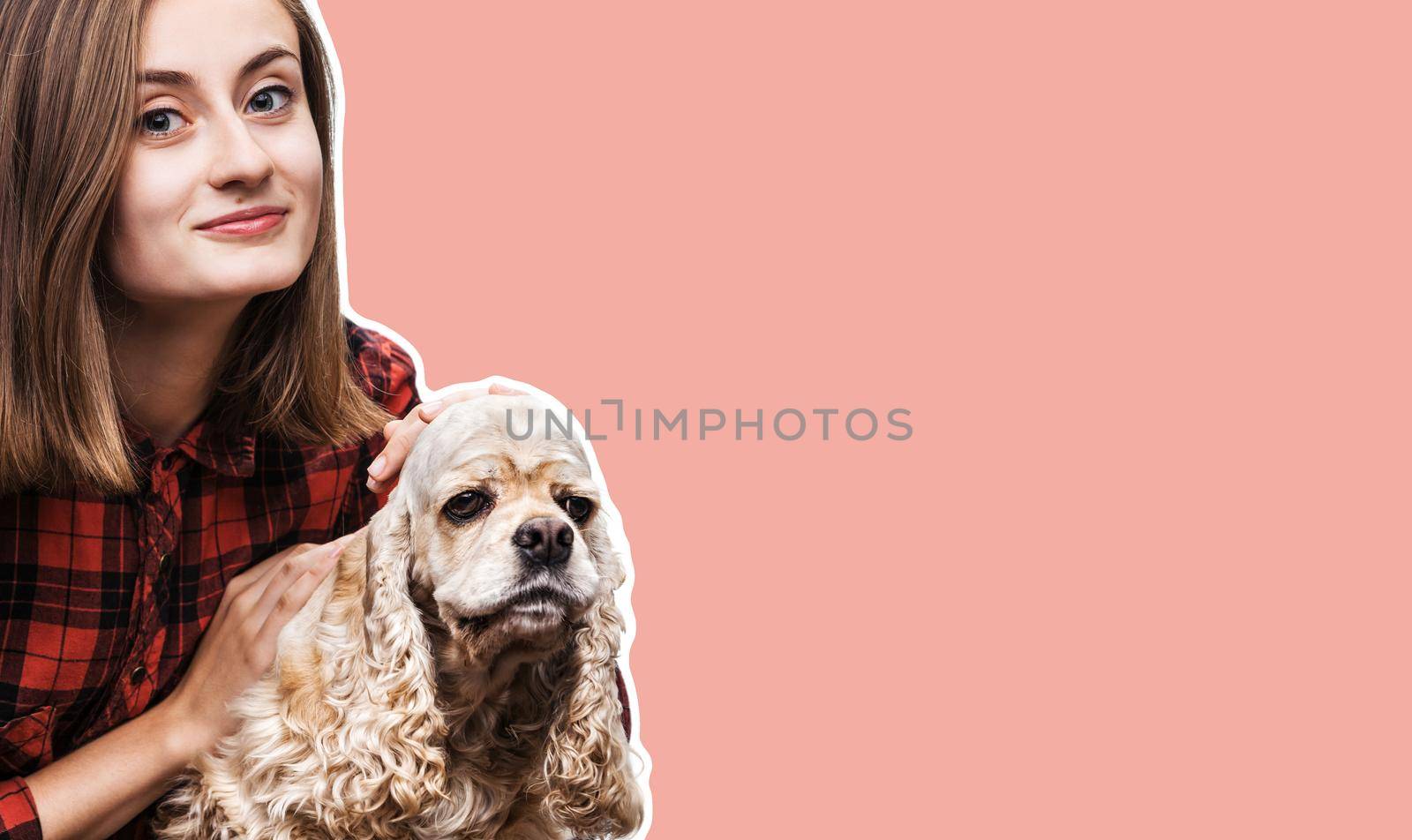 Young american cocker spaniel and beautiful woman. Magazine style collage with copy space and trendy coral color background