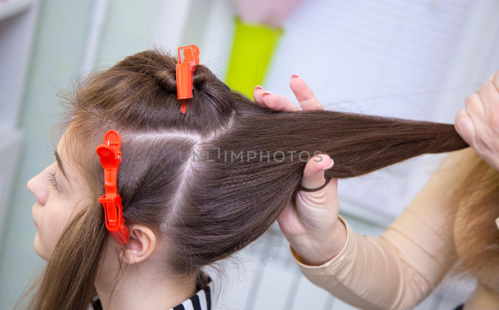 Close-up of the master's hand making a ponytail on a woman's head. The hairdresser makes a hairstyle for a young woman. Barber shop, business concept. Beauty salon, hair care.
