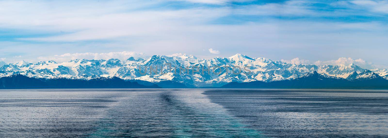High definition panorama as cruise ship sails away from the Prince William Sound and the town of Valdez in Alaska