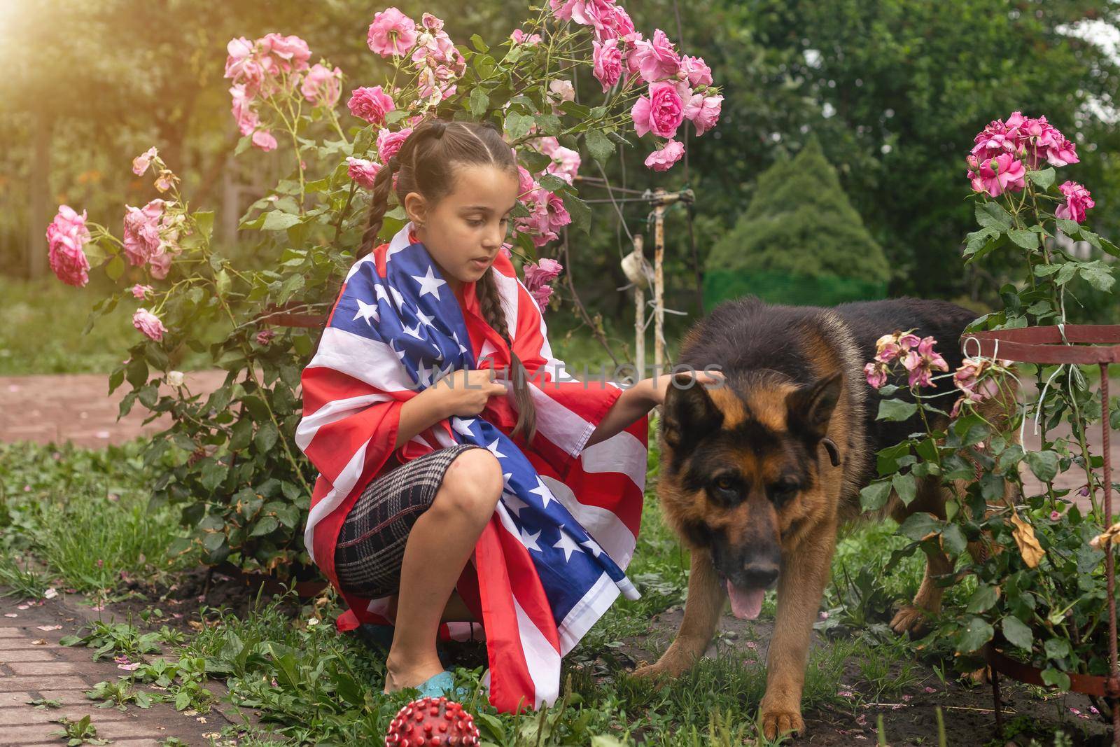 Pretty young pre-teen girl in field holding American flag. Independence Day. High quality photo