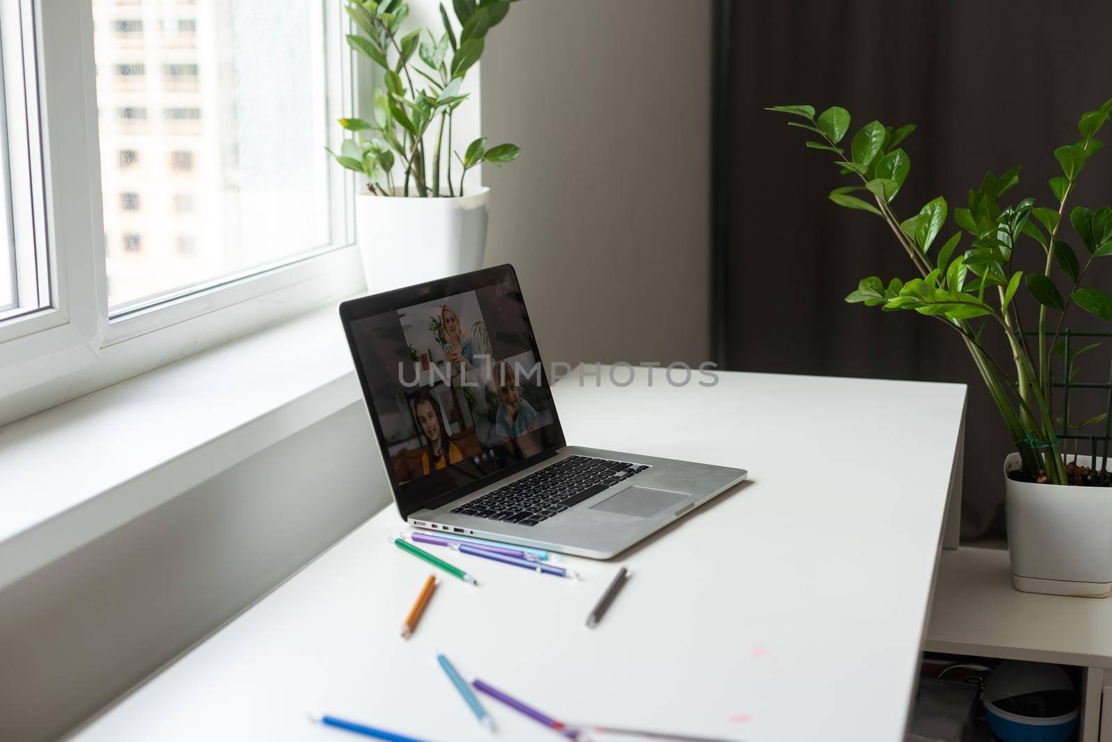 Online education. lesson on webcam. Child studying on laptop from home by Andelov13