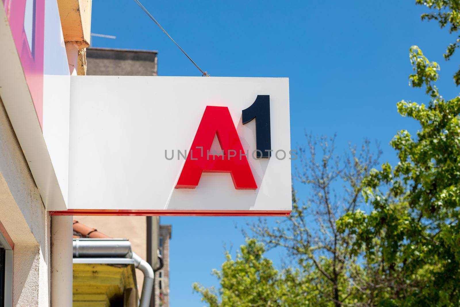 Valjevo, Serbia - June 20, 2022: Logo of A1, leading telefomunication comapny in Serbia