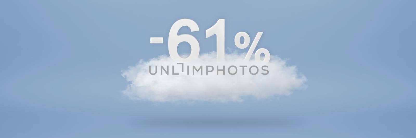 Discount 61 percent. Big discounts, sale up to sixty one percent. 3D numbers float on a cloud on a blue background. Copy space. Advertising banner and poster to be inserted into the project by SERSOL
