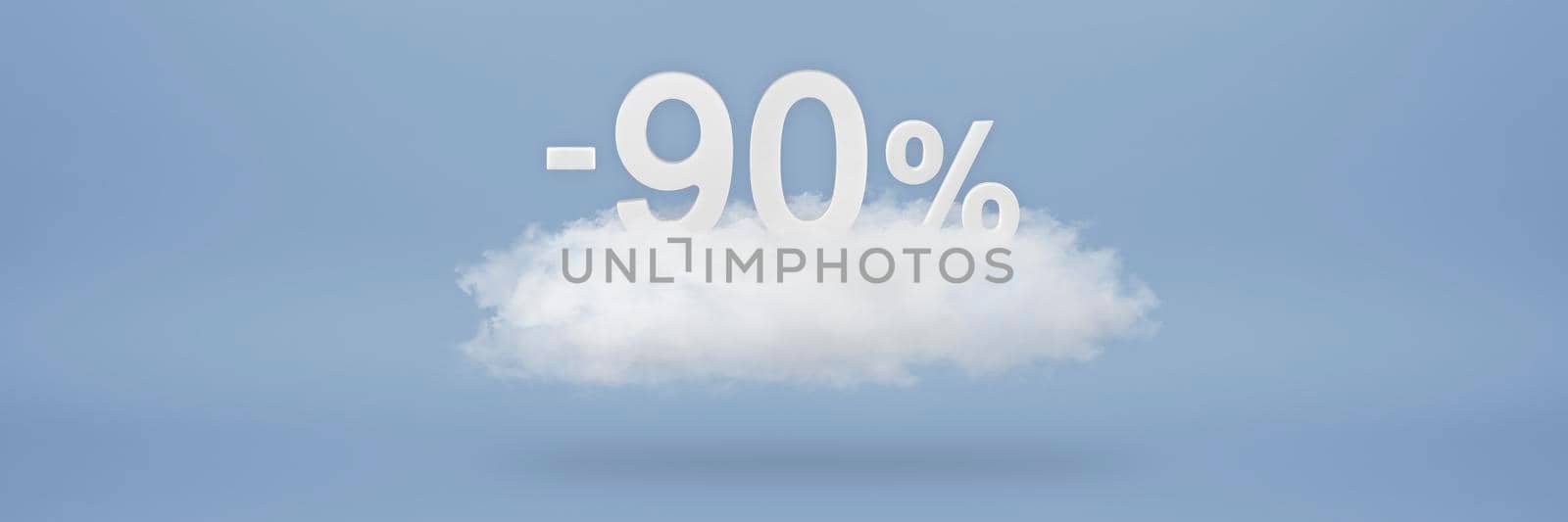 Discount 90 percent. Big discounts, sale up to ninety percent. 3D numbers float on a cloud on a blue background. Copy space. Advertising banner and poster to be inserted into the project by SERSOL