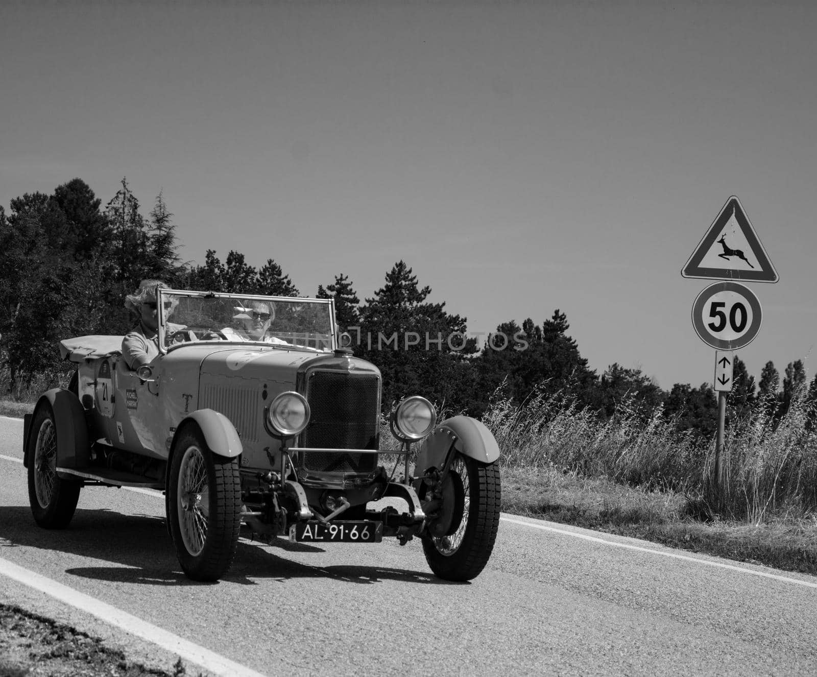 URBINO, ITALY - JUN 16 - 2022 : SUNBEAM 3 LITRE TWIN CAM SUPER SPORT 1926 on an old racing car in rally Mille Miglia 2022 the famous italian historical race (1927-1957