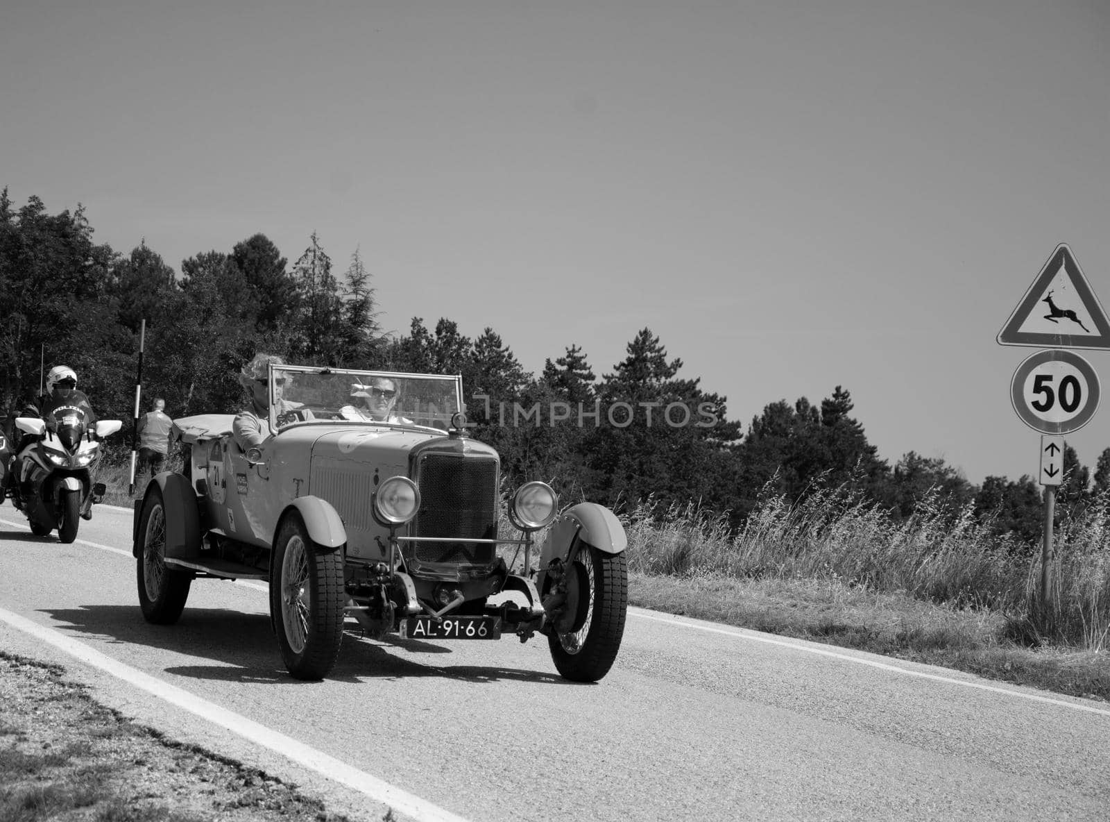 URBINO, ITALY - JUN 16 - 2022 : SUNBEAM 3 LITRE TWIN CAM SUPER SPORT 1926 on an old racing car in rally Mille Miglia 2022 the famous italian historical race (1927-1957