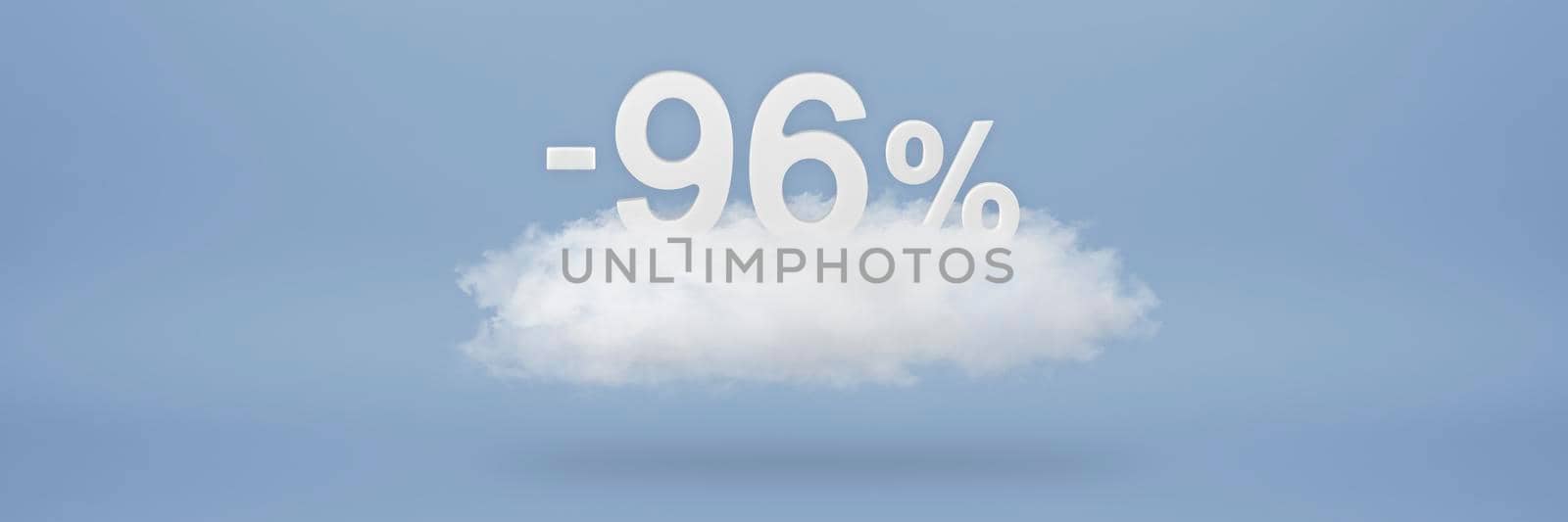 Discount 96 percent. Big discounts, sale up to ninety six percent. 3D numbers float on a cloud on a blue background. Copy space. Advertising banner and poster to be inserted into the project.