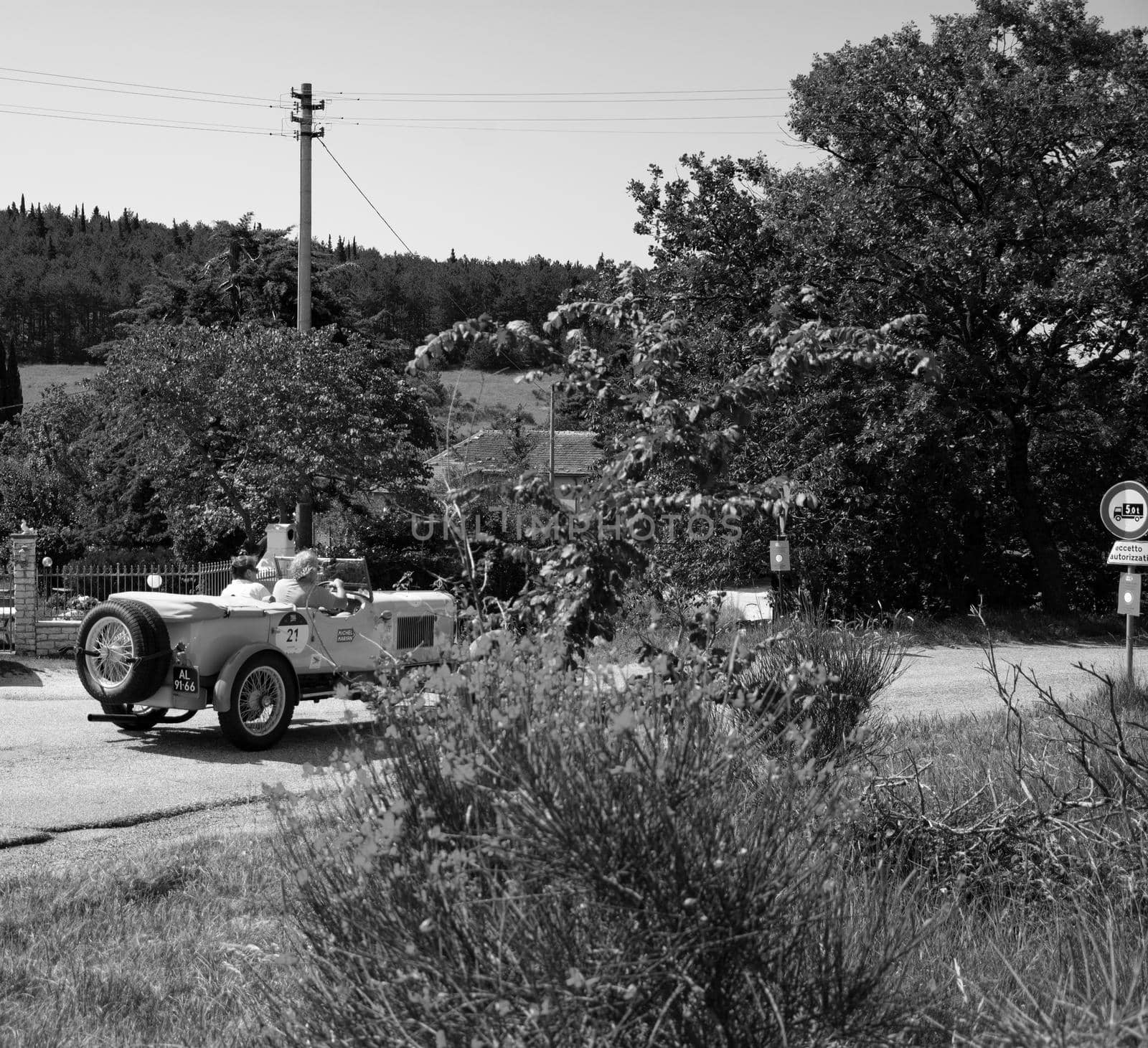 URBINO, ITALY - JUN 16 - 2022 : SUNBEAM 3 LITRE TWIN CAM SUPER SPORT 1926 on an old racing car in rally Mille Miglia 2022 the famous italian historical race (1927-1957