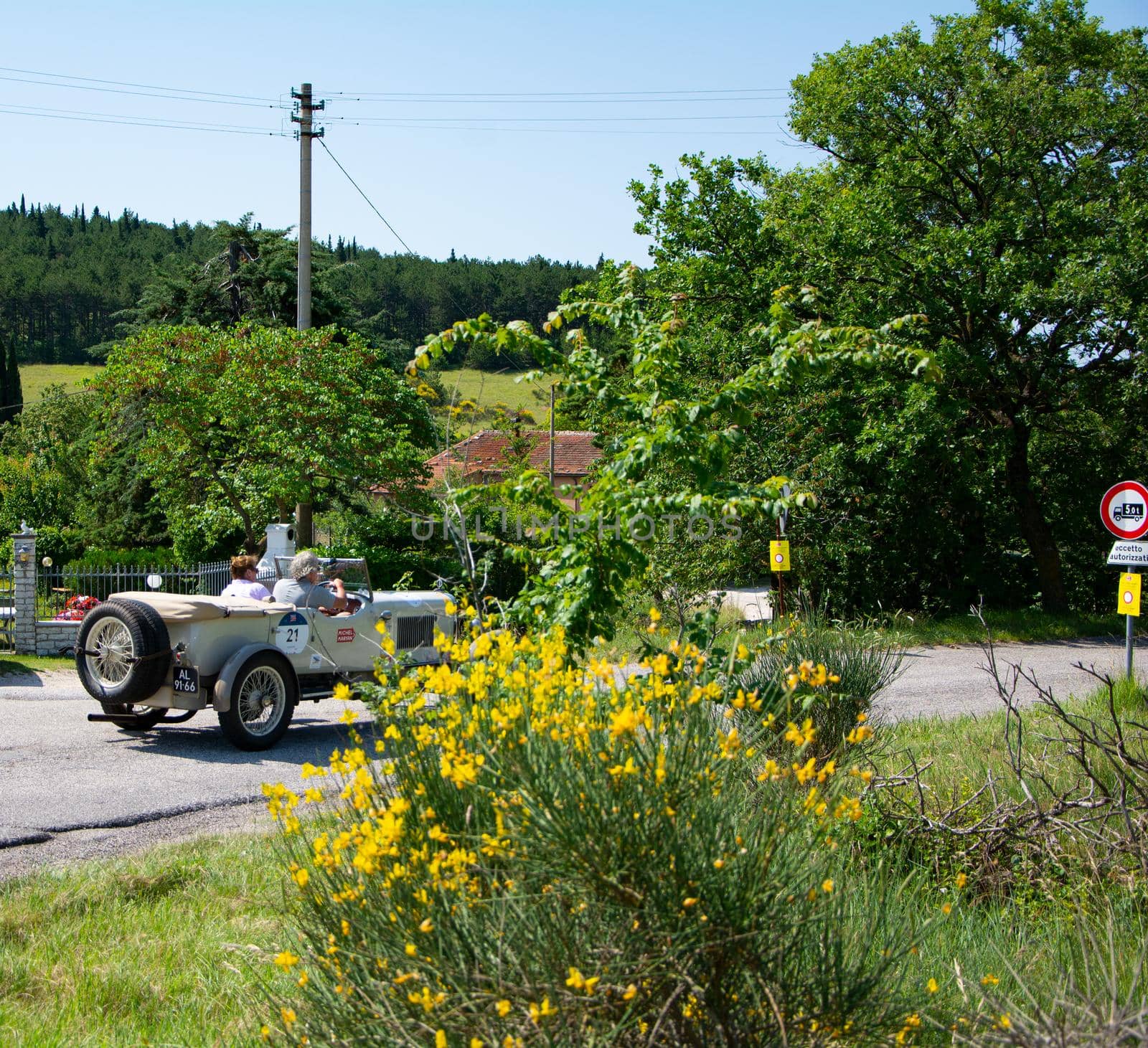 URBINO, ITALY - JUN 16 - 2022 : SUNBEAM 3 LITRE TWIN CAM SUPER SPORT 1926 on an old racing car in rally Mille Miglia 2022 the famous italian historical race (1927-1957