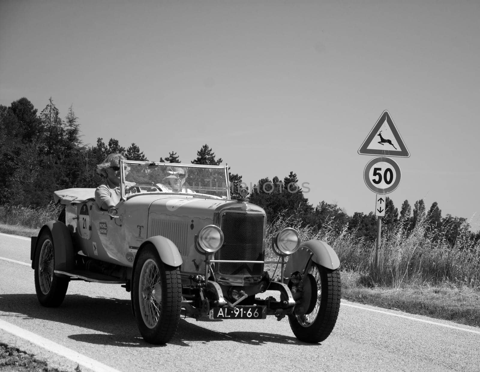 URBINO, ITALY - JUN 16 - 2022 : SUNBEAM 3 LITRE TWIN CAM SUPER SPORT 1926 on an old racing car in rally Mille Miglia 2022 the famous italian historical race (1927-1957