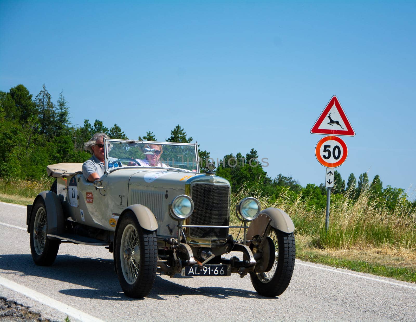 URBINO, ITALY - JUN 16 - 2022 : SUNBEAM 3 LITRE TWIN CAM SUPER SPORT 1926 on an old racing car in rally Mille Miglia 2022 the famous italian historical race (1927-1957