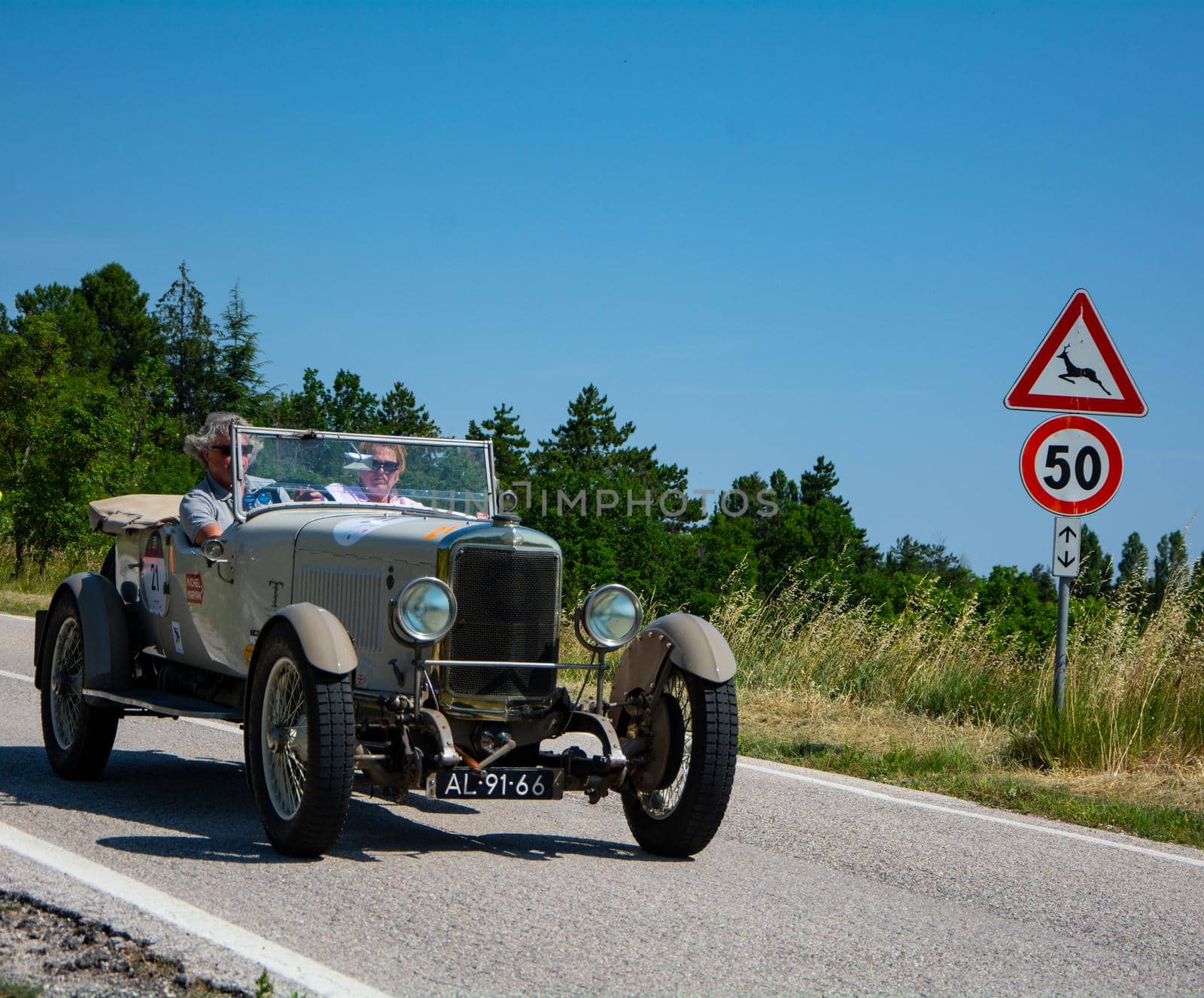 URBINO, ITALY - JUN 16 - 2022 : SUNBEAM 3 LITRE TWIN CAM SUPER SPORT 1926 on an old racing car in rally Mille Miglia 2022 the famous italian historical race (1927-1957