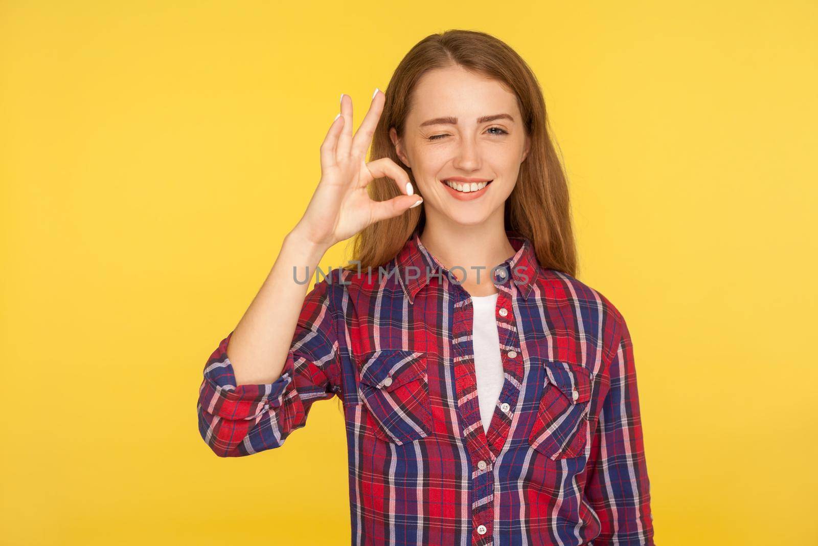 Ok, no problem. Portrait of cheerful ginger girl in checkered shirt showing okay hand gesture and winking, approving accepting suggestion, sign language. studio shot isolated on yellow background