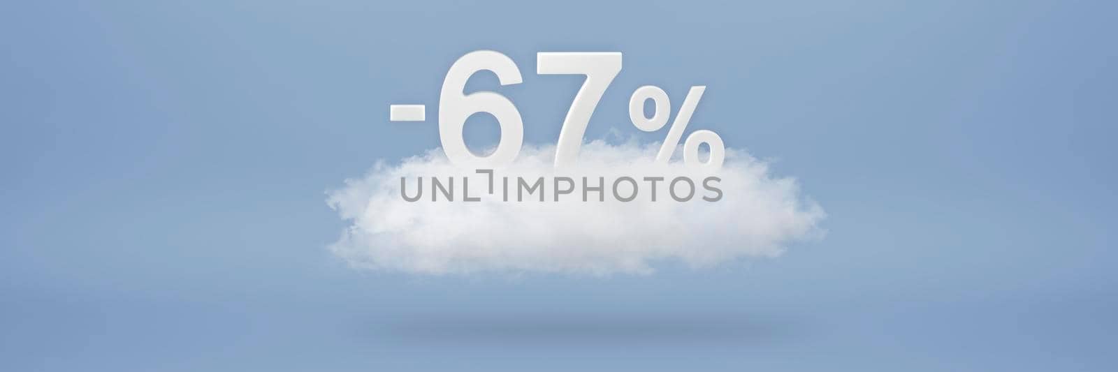 Discount 67 percent. Big discounts, sale up to sixty seven percent. 3D numbers float on a cloud on a blue background. Copy space. Advertising banner and poster to be inserted into the project by SERSOL