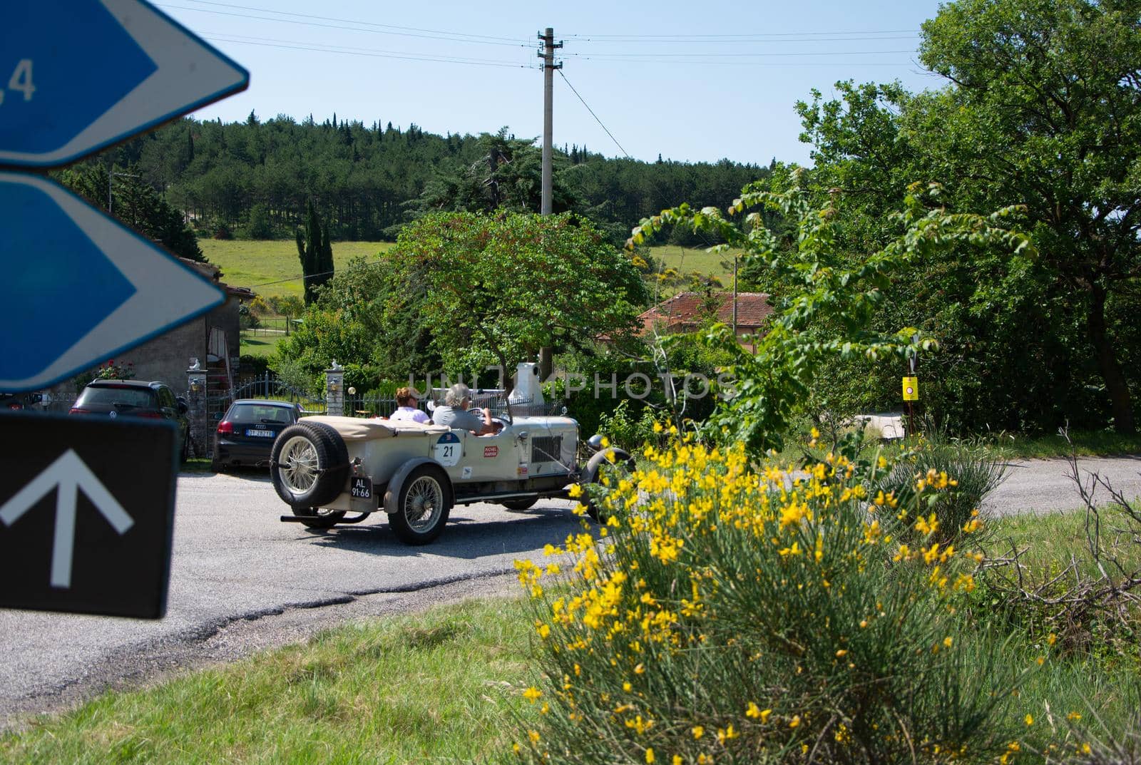 URBINO, ITALY - JUN 16 - 2022 : SUNBEAM 3 LITRE TWIN CAM SUPER SPORT 1926 on an old racing car in rally Mille Miglia 2022 the famous italian historical race (1927-1957