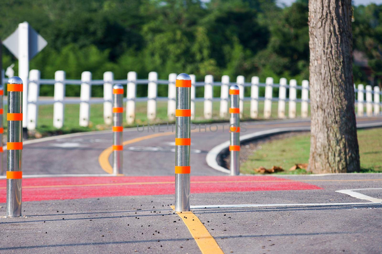 Flexible traffic bollard for bike lane.