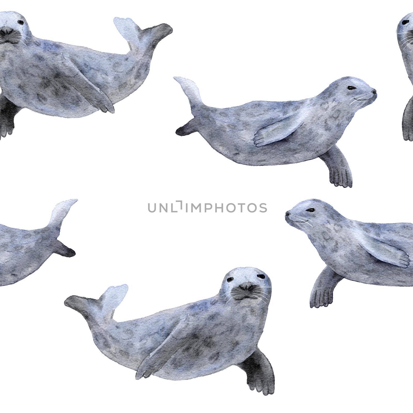 Hand drawn watercolor seamless pattern with seal. Sea ocean marine animal, nautical underwater endangered mammal species. Blue gray illustration for fabric nursery decor, under the sea prints. by Lagmar