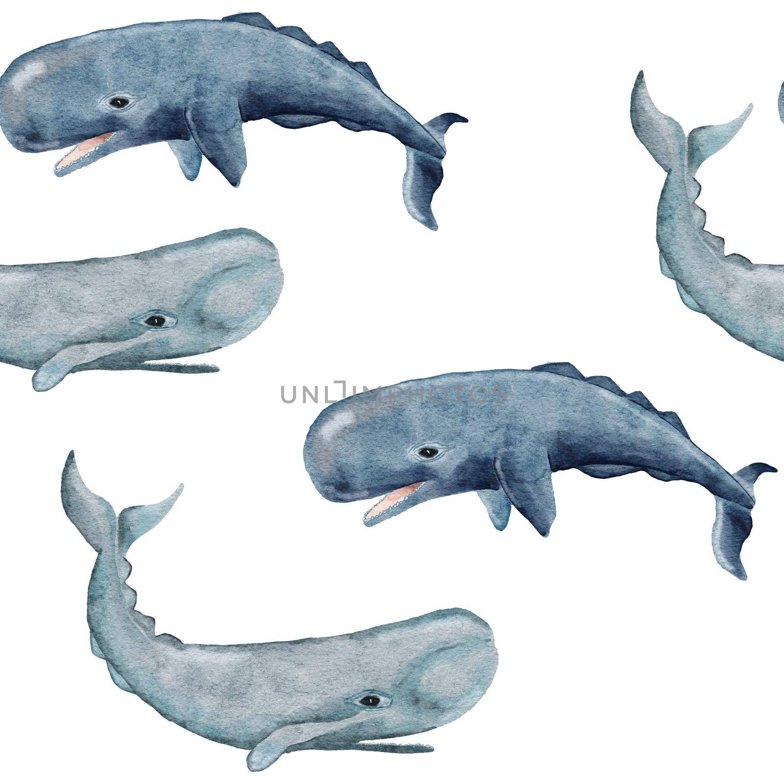 Hand drawn watercolor seamless pattern with sperm whale. Sea ocean marine animal, nautical underwater endangered mammal species. Blue gray illustration for fabric nursery decor, under the sea prints