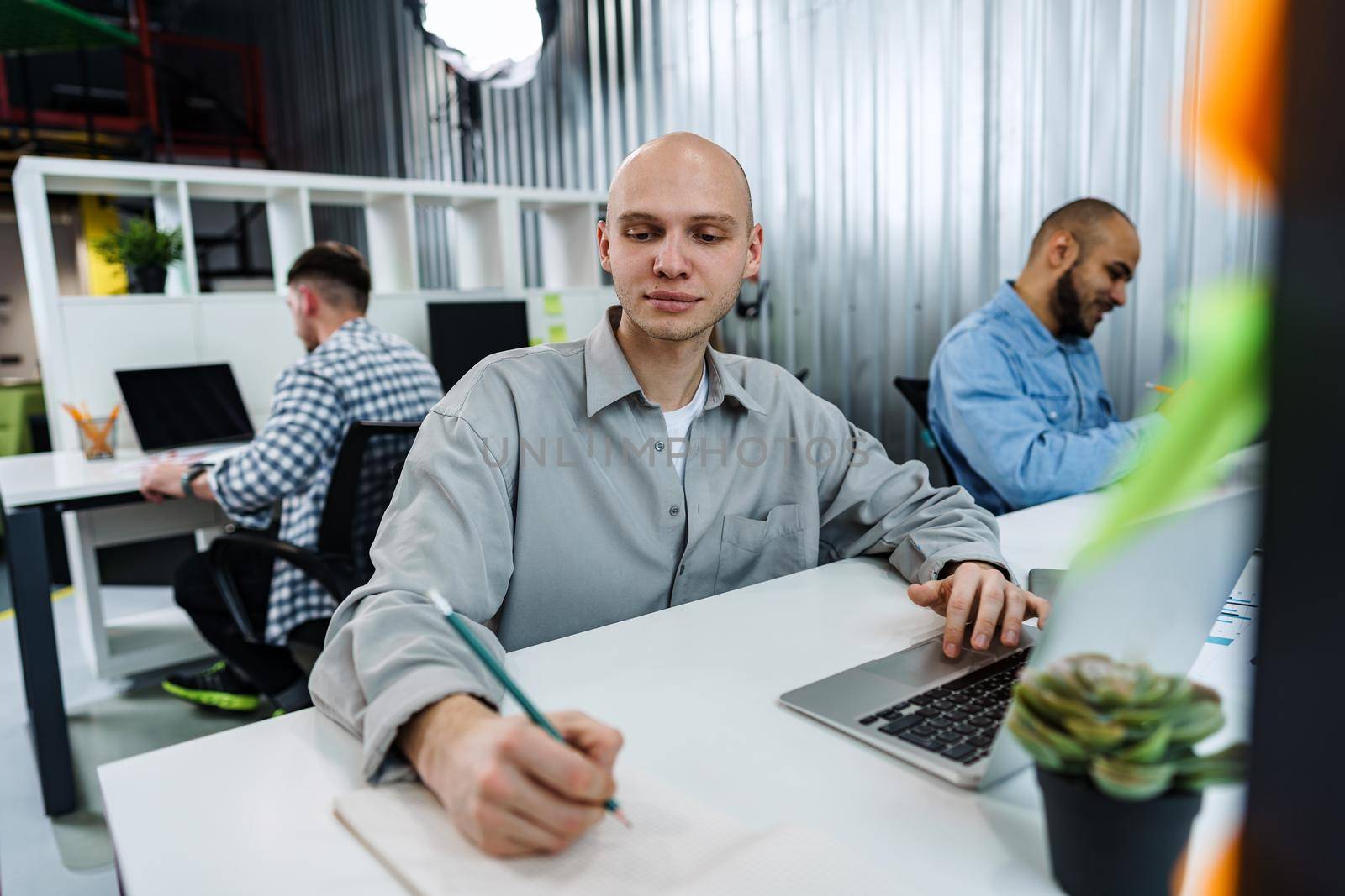 Young bald business man sitting at desk in office, working on computer, close up