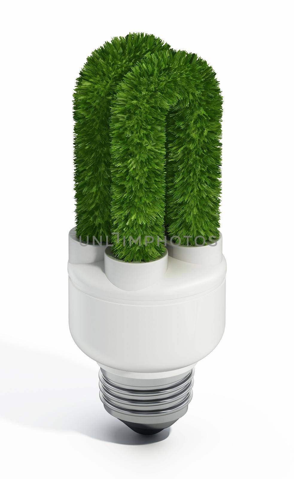 Green fluorescent light bulb isolated on white background. 3D illustration by Simsek