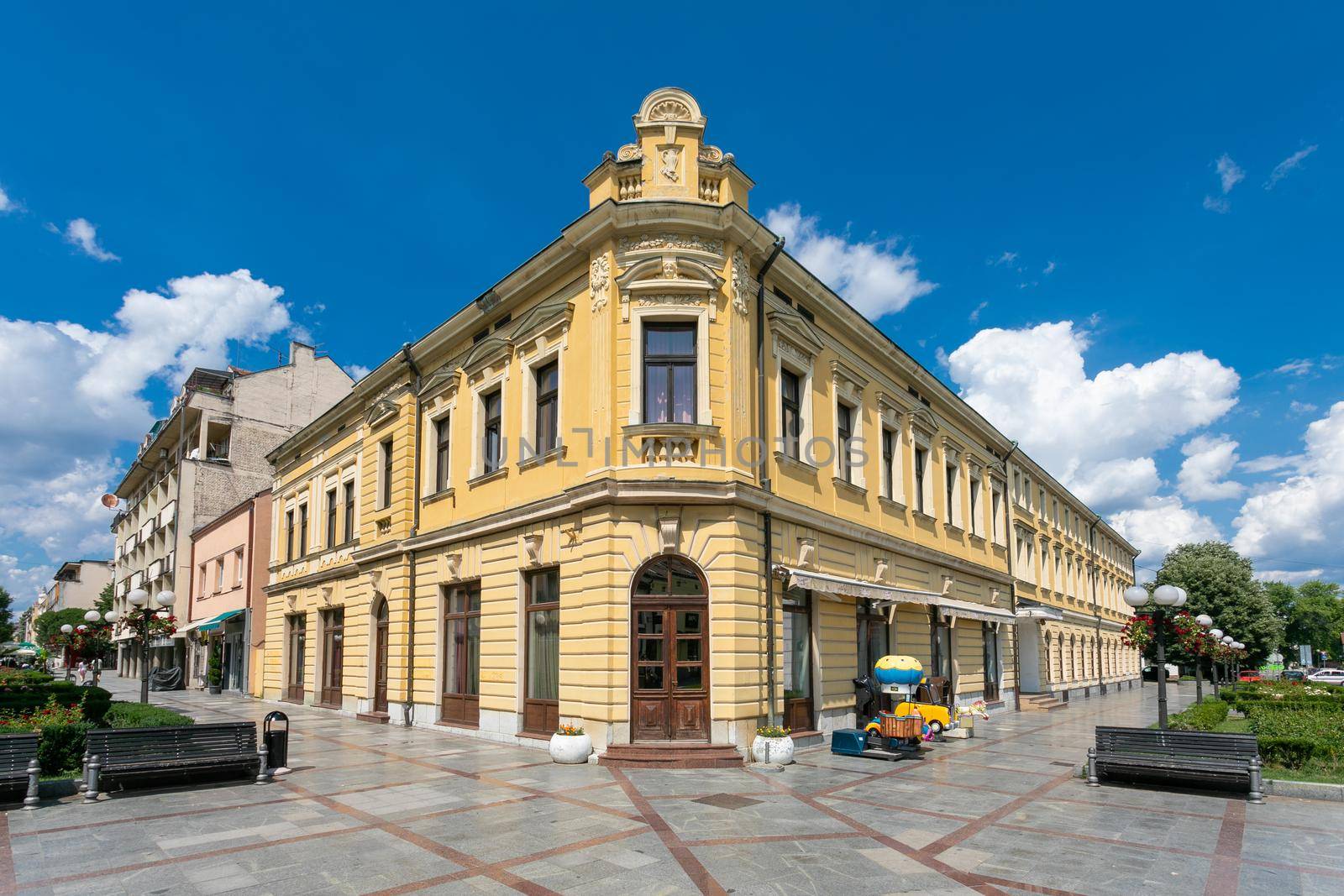 Valjevo, Serbia - June 26, 2022: Grand Hotel - a famous building in the center of the pedestrian and shopping zone in Valjevo