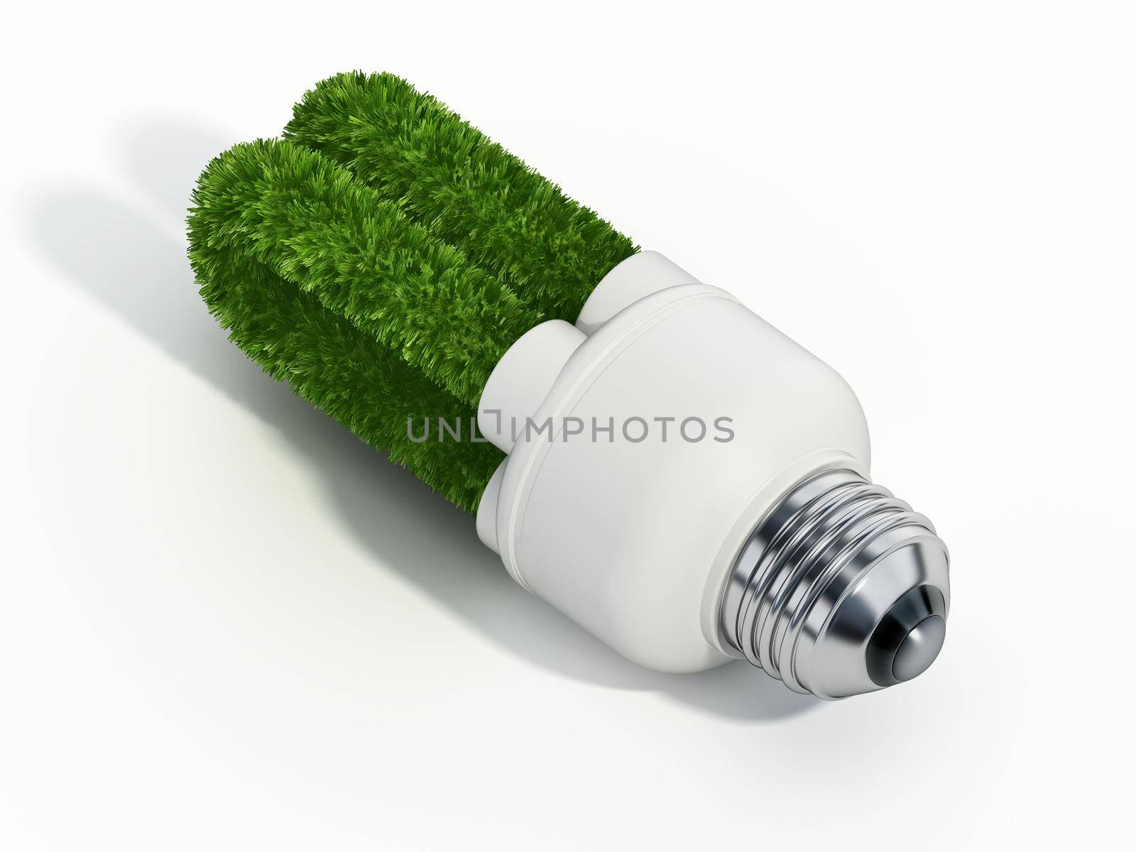 Green fluorescent light bulb isolated on white background. 3D illustration.